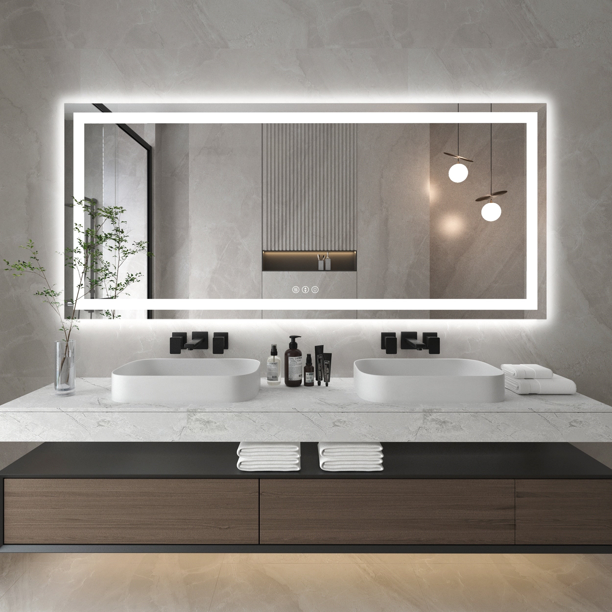 Large Rectangular Frameless Anti-Fog LED Light Wall Mounted Bathroom Vanity Mirror in White - N/A