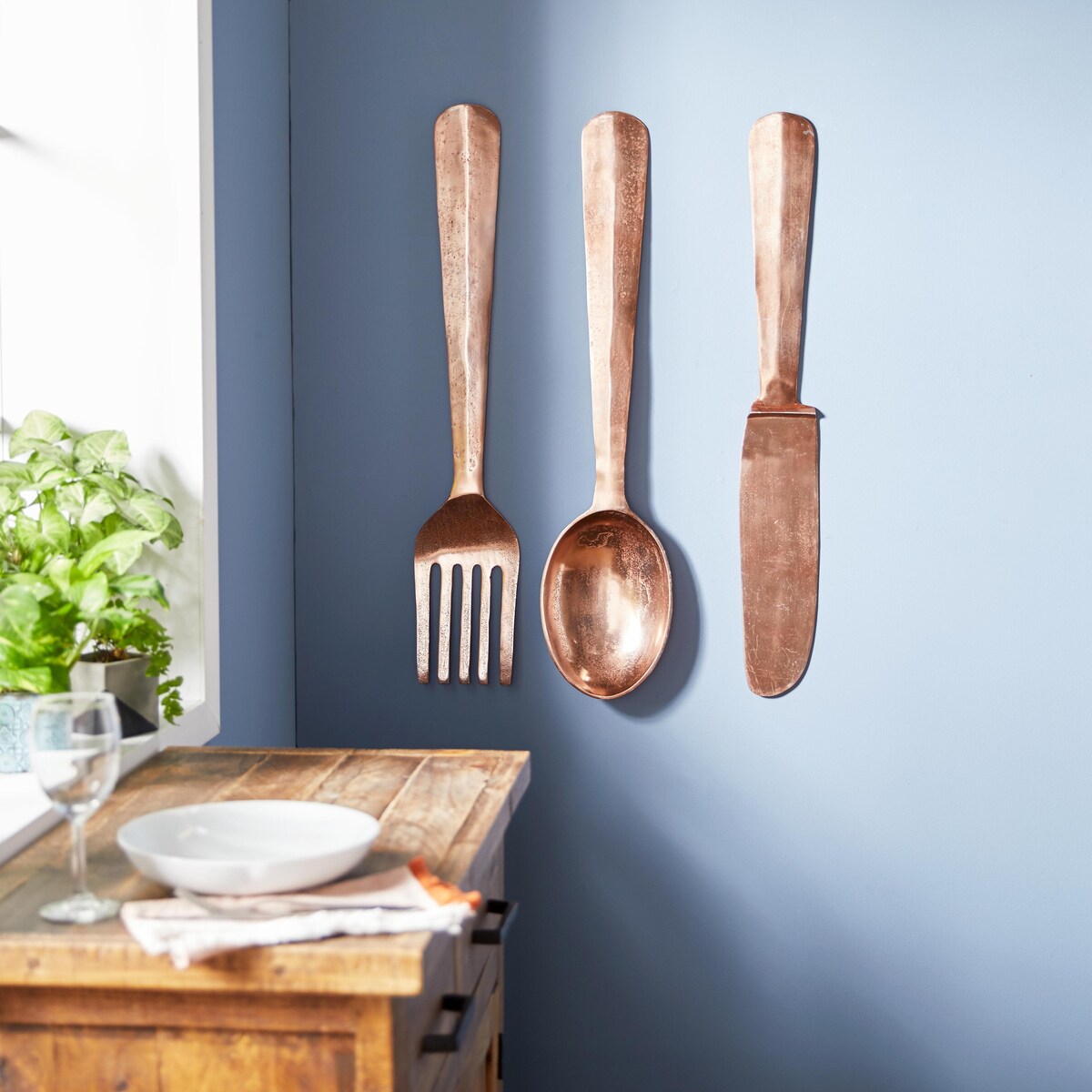 Aluminum Metal Utensils Knife, Spoon and Fork Home Wall Decor - Set of 3 Silver or Copper - Roche River Decor