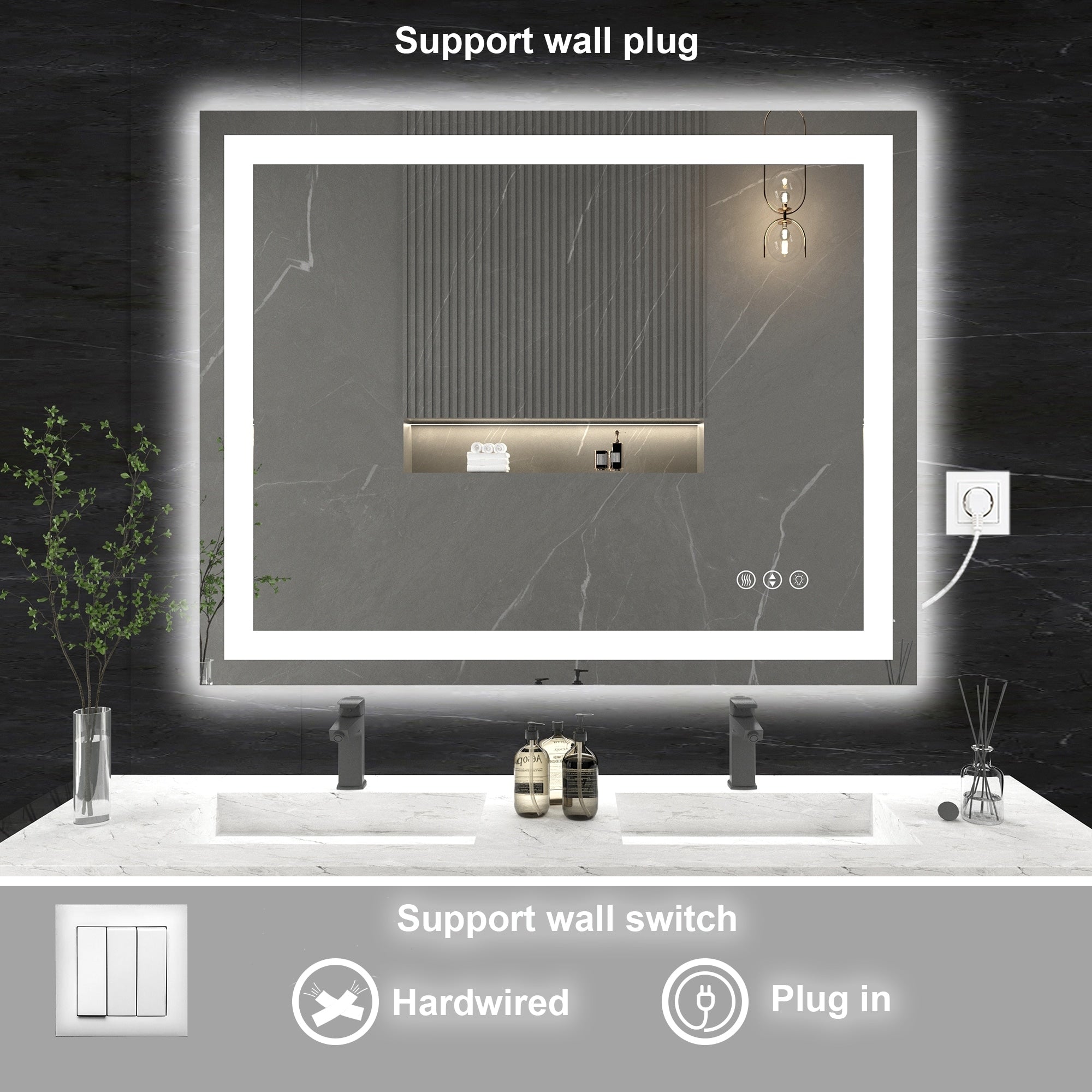 Large Rectangular Frameless Anti-Fog LED Light Wall Mounted Bathroom Vanity Mirror in White - N/A