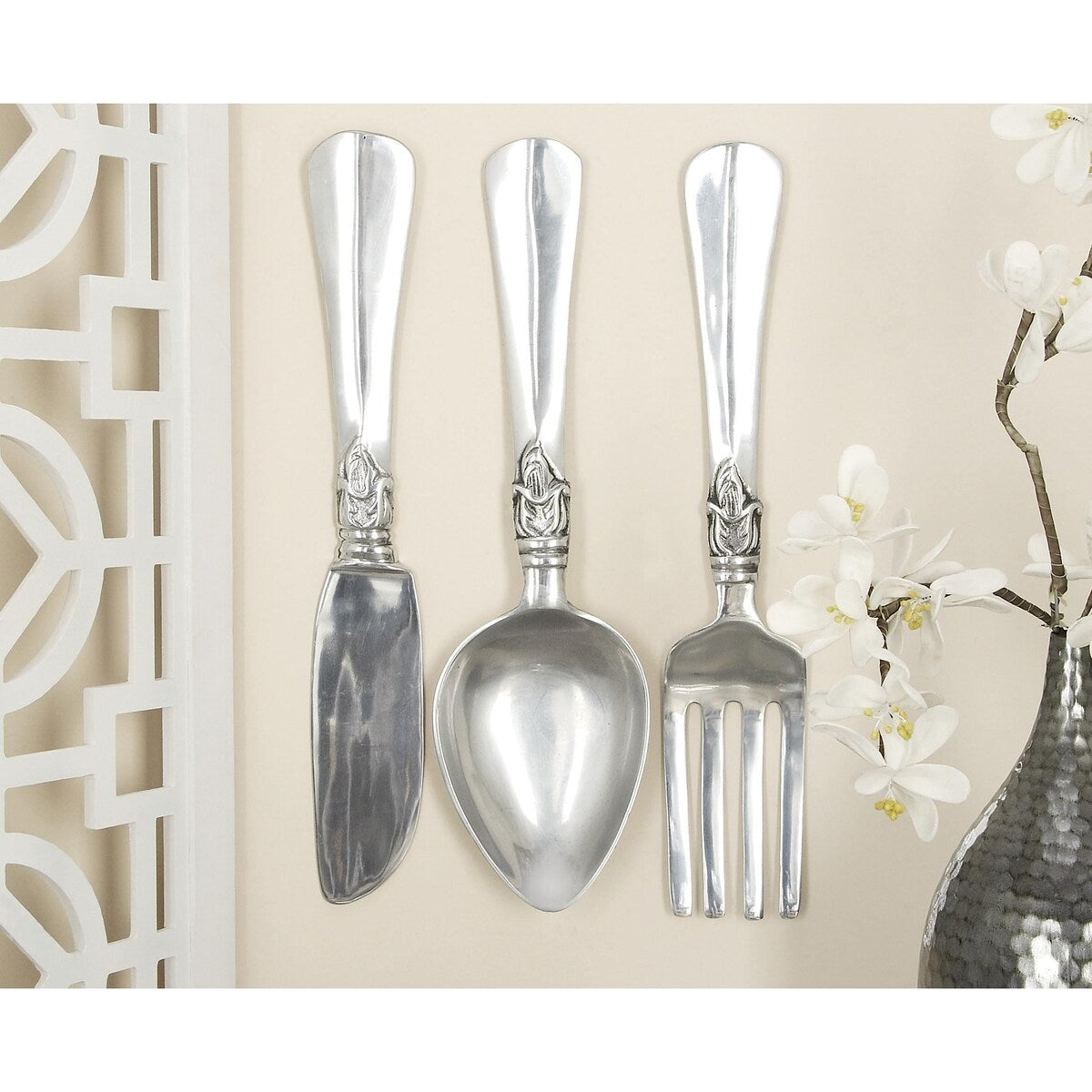 Aluminum Metal Utensils Knife, Spoon and Fork Home Wall Decor - Set of 3 Silver or Copper - Roche River Decor