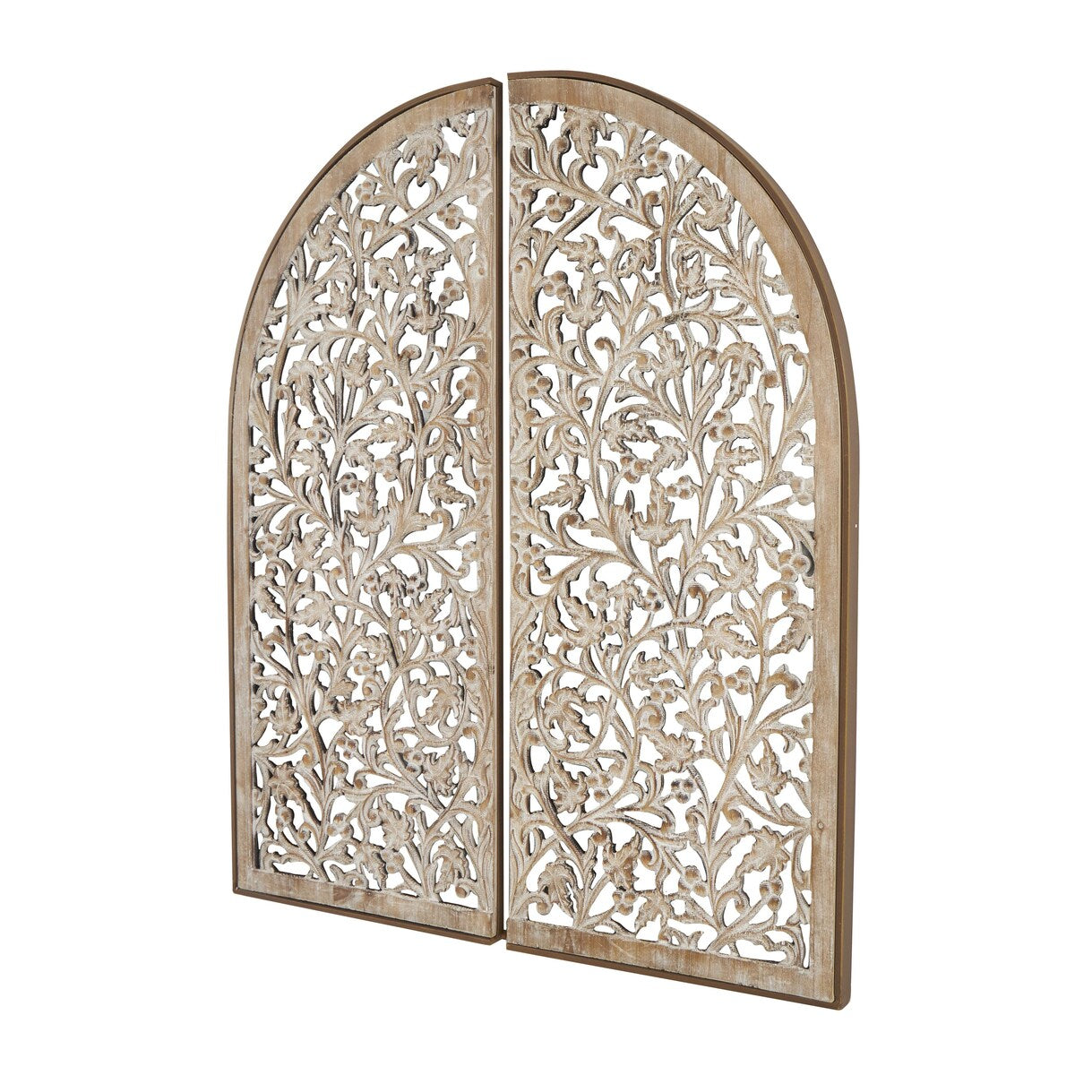 Wooden Floral Handmade Arched Home Wall Decor with Intricate Carvings - Set of 2 Brown - Roche River Decor