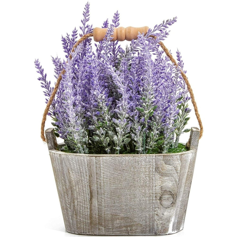 Artificial Lavender Fake Flower Plant in Rustic Oval Wooden Box for Decorations