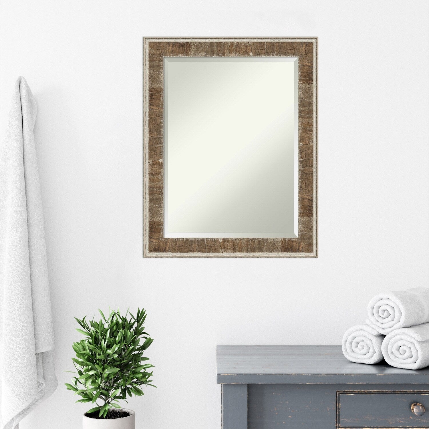 Beveled Wood Bathroom Wall Mirror - Farmhouse Brown Narrow Frame