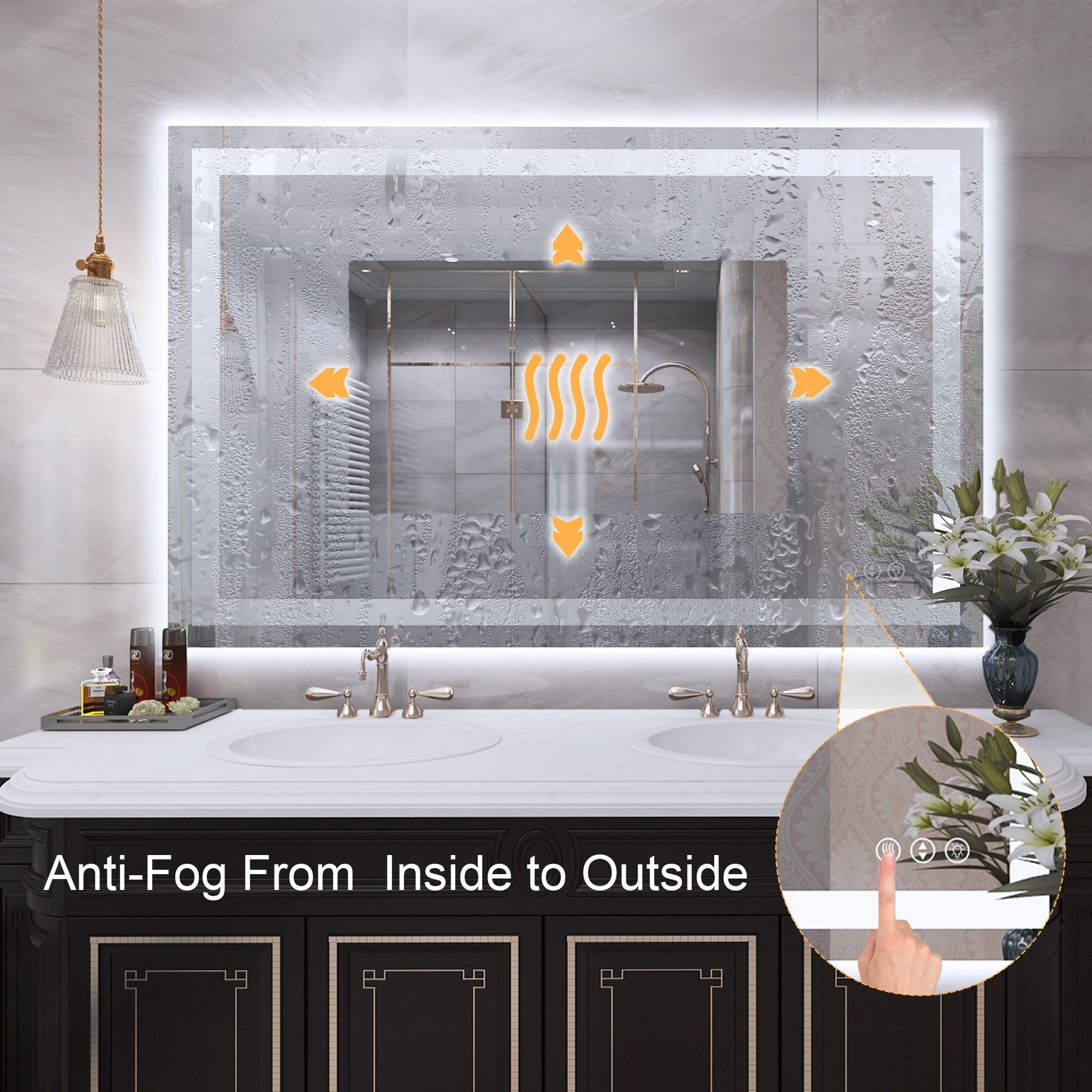 Large Rectangular Frameless Anti-Fog LED Light Wall Mounted Bathroom Vanity Mirror in White - N/A