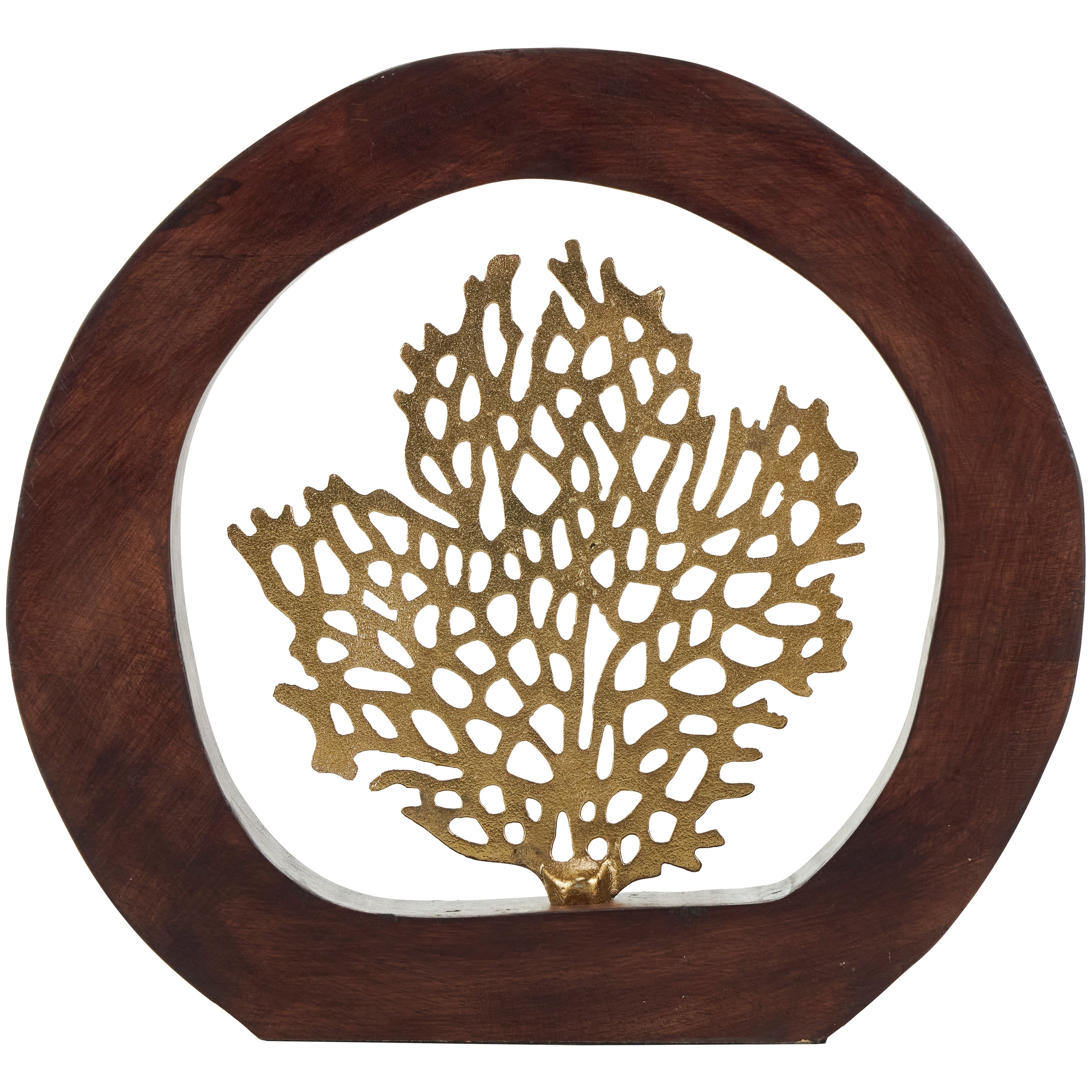 Gold Aluminum Metal Coral Decorative Sculpture with Brown Wooden Frame