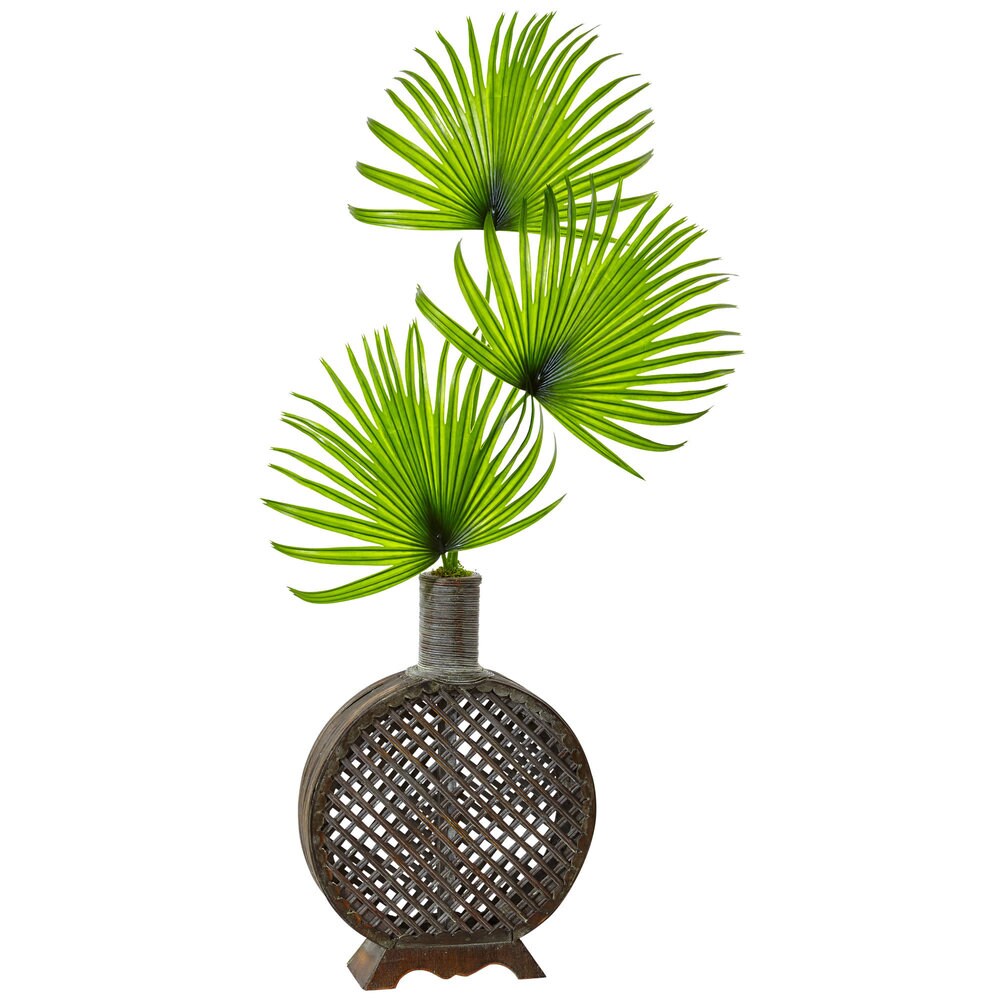 Nearly Natural Silk Artificial Fan Palm in Open Weave Vase