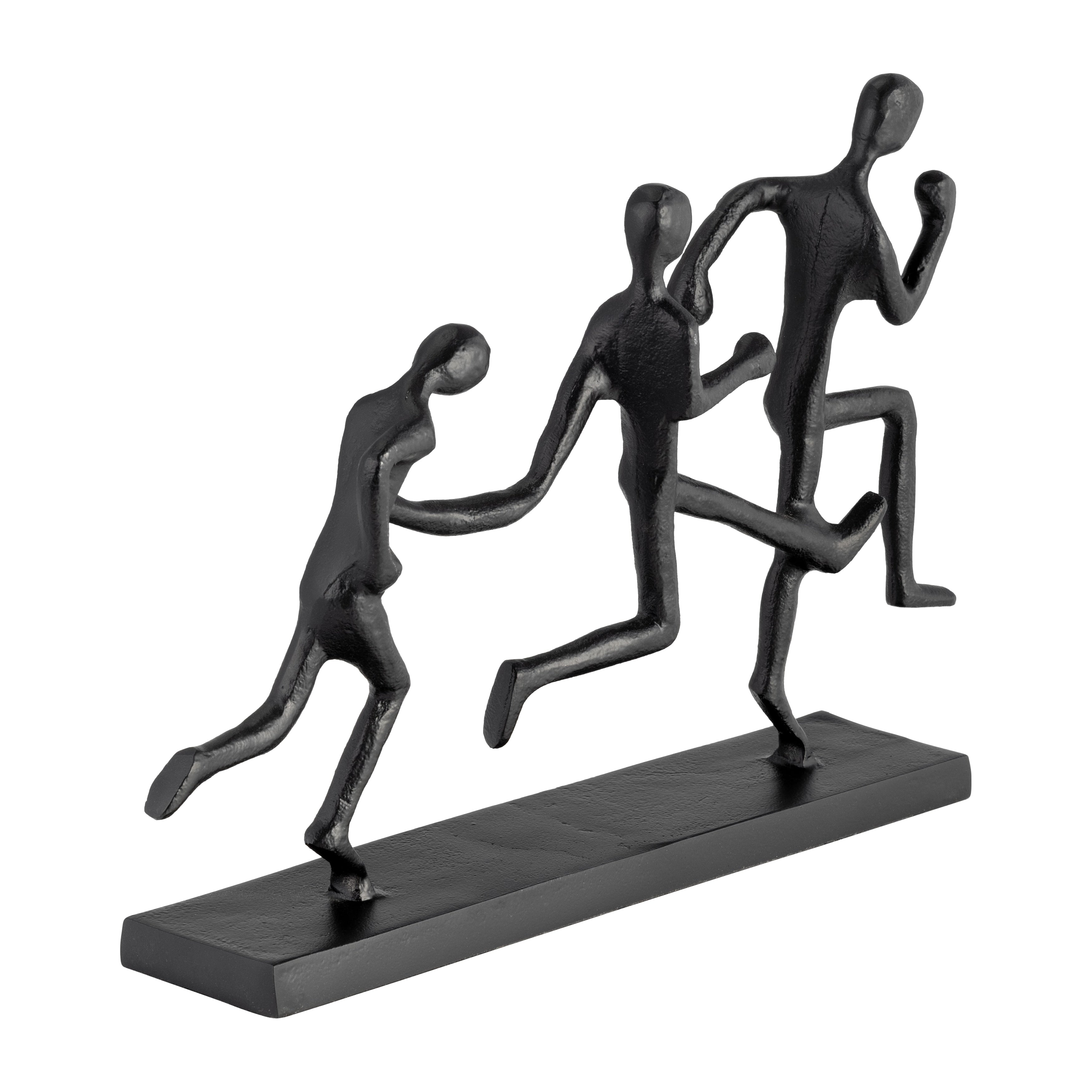 13Lx3Wx9H, Metal Three-man Running Sculpture, Black Finish, Wood Base, Decorative Sculpture for Table Decor or Shelf