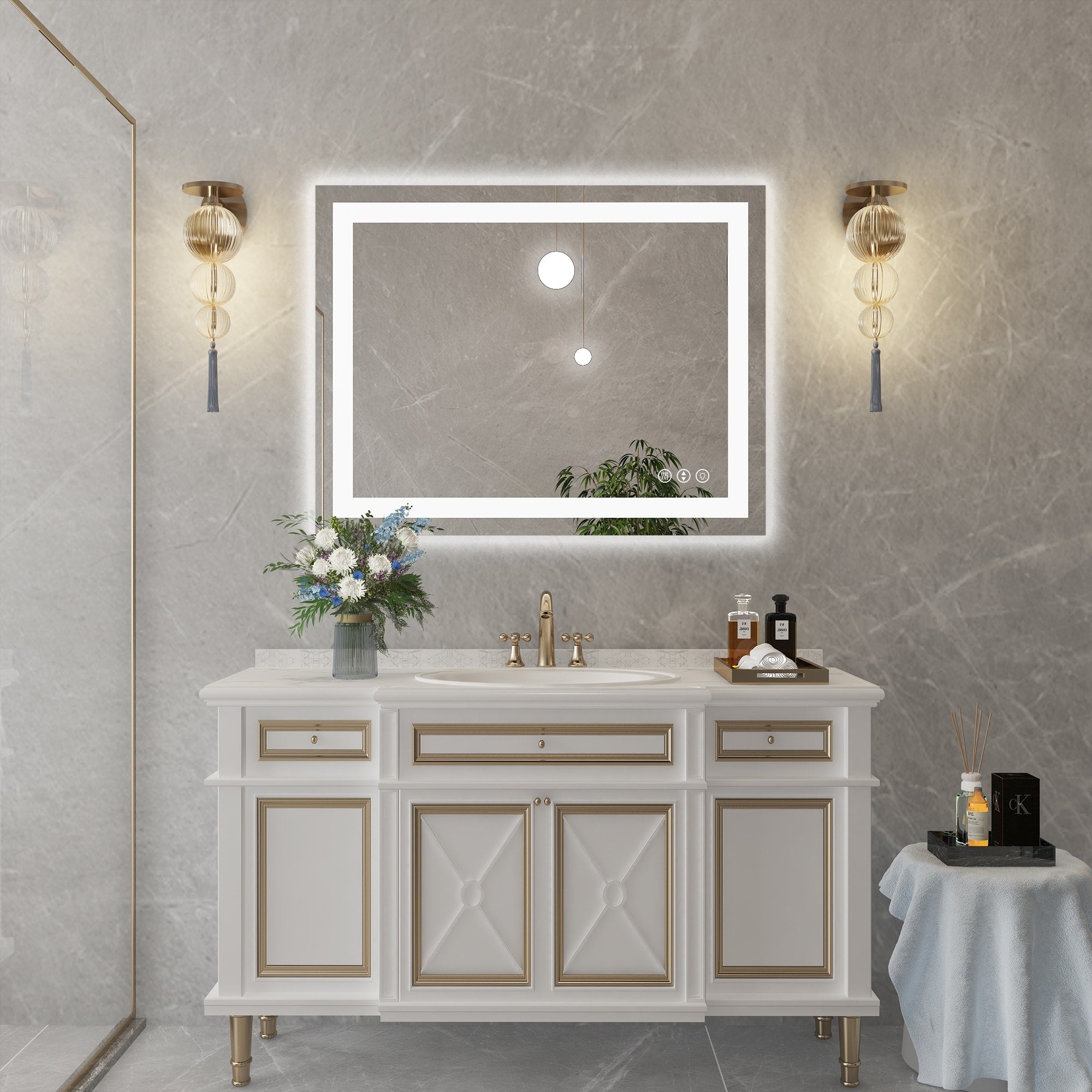 Large Rectangular Frameless Anti-Fog LED Light Wall Mounted Bathroom Vanity Mirror in White - N/A