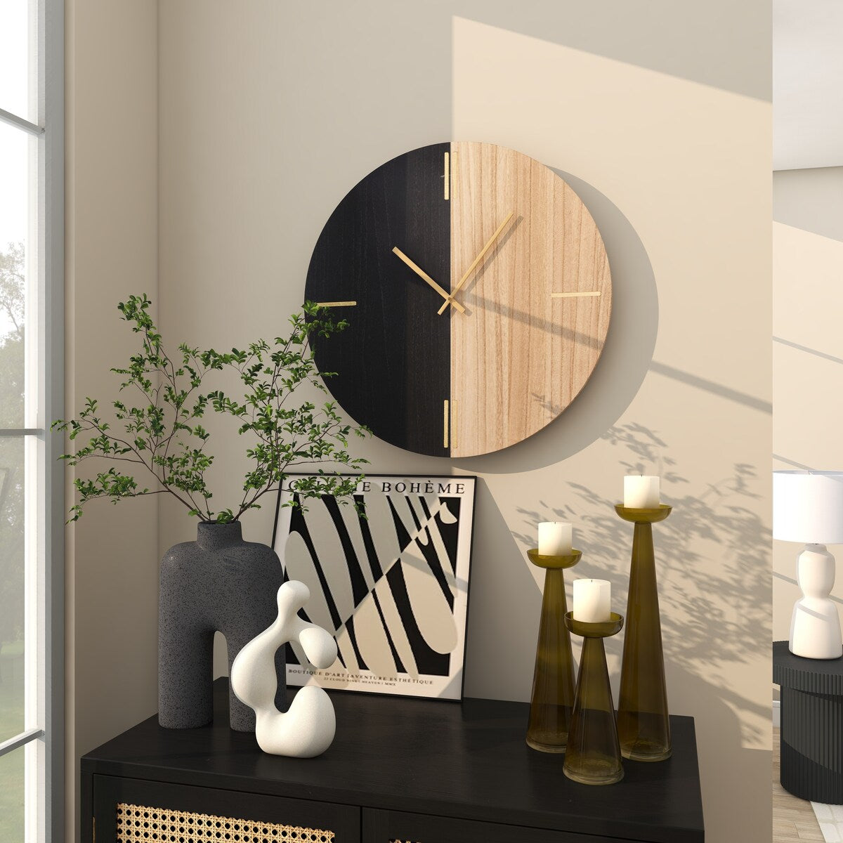 Wooden Round Decorative Wall Clock with Marble Side - Black or Brown - CosmoLiving by Cosmopolitan