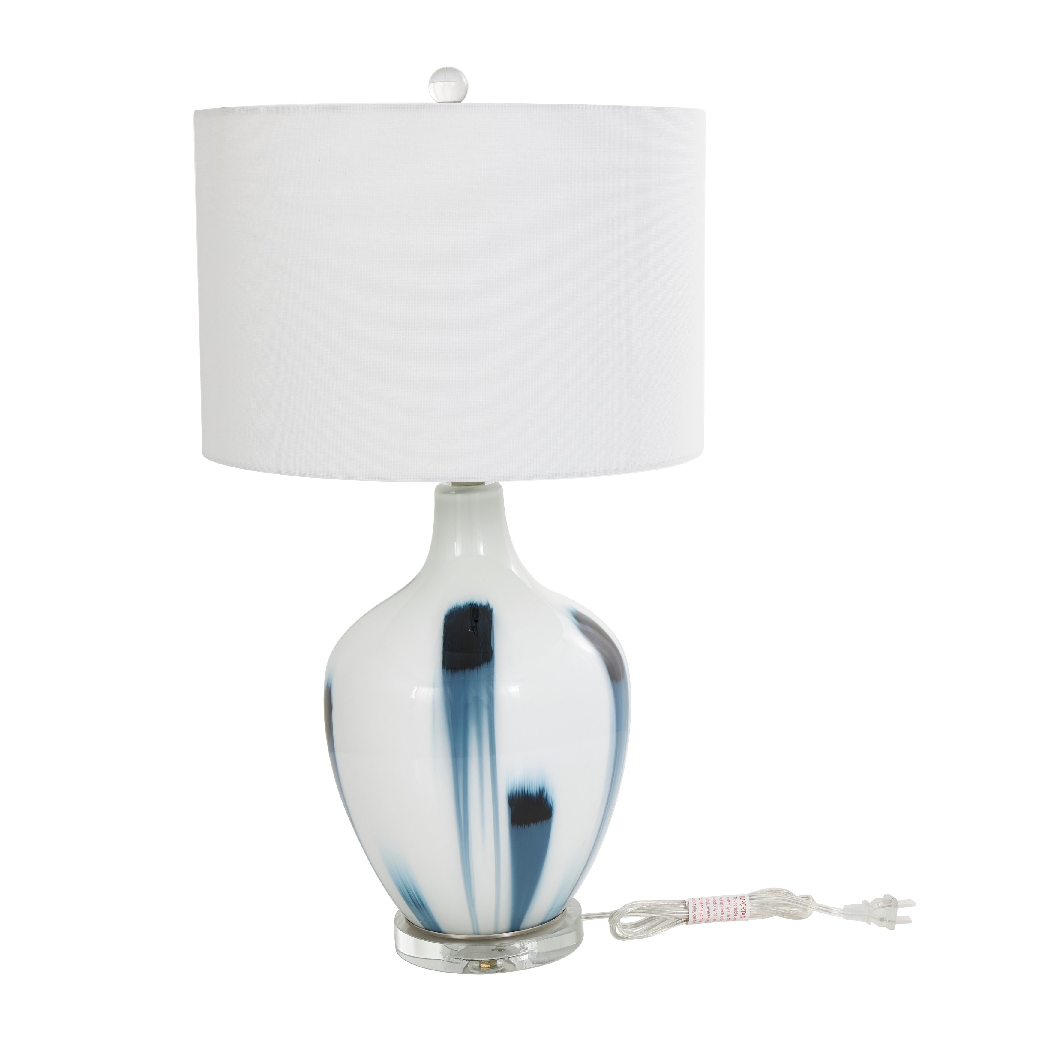 White Glass Abstract Accent Lamp with Blue Drip Splatter Design