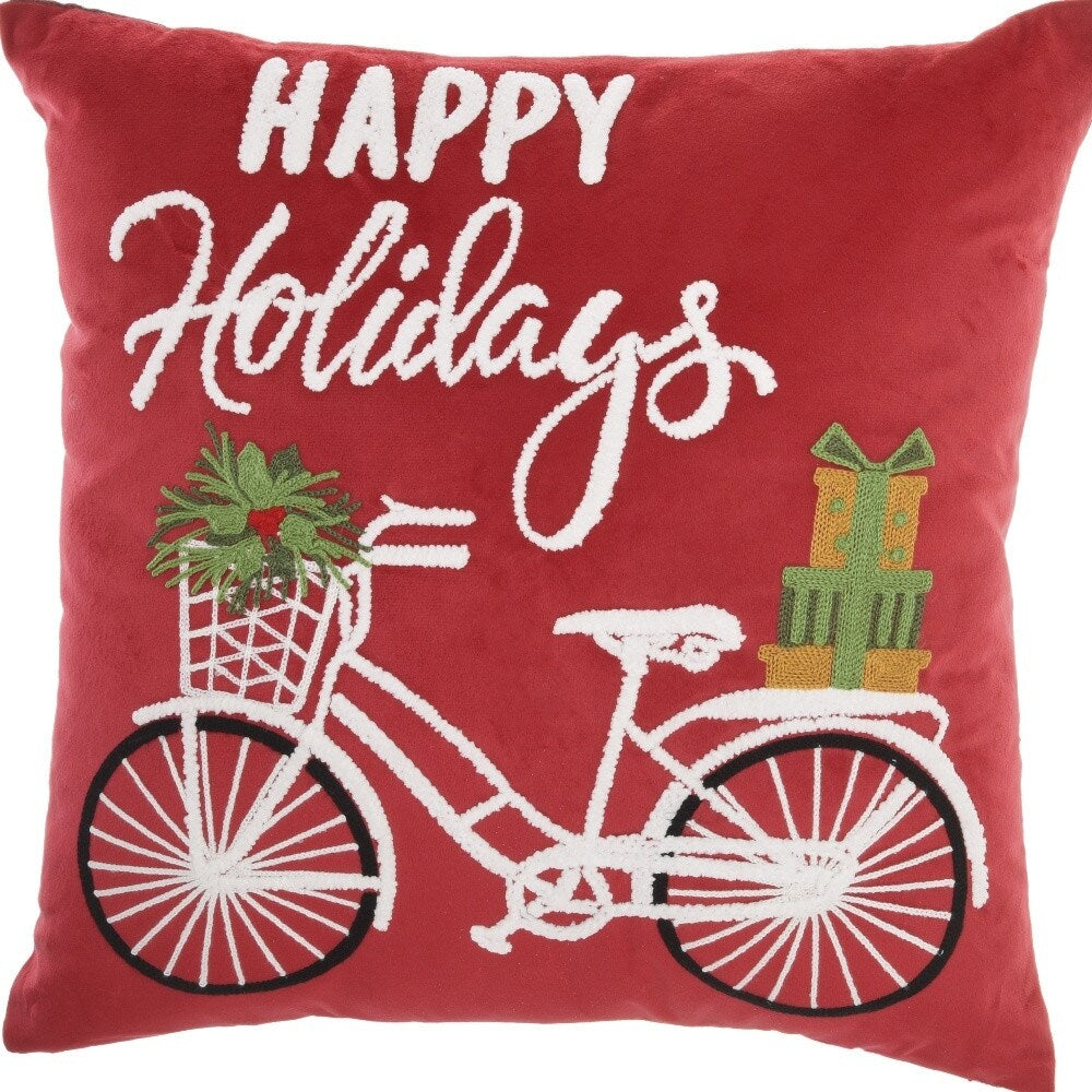 HomeRoots 18 X 18 Red Zippered Handmade Polyester Christmas Throw Pillow