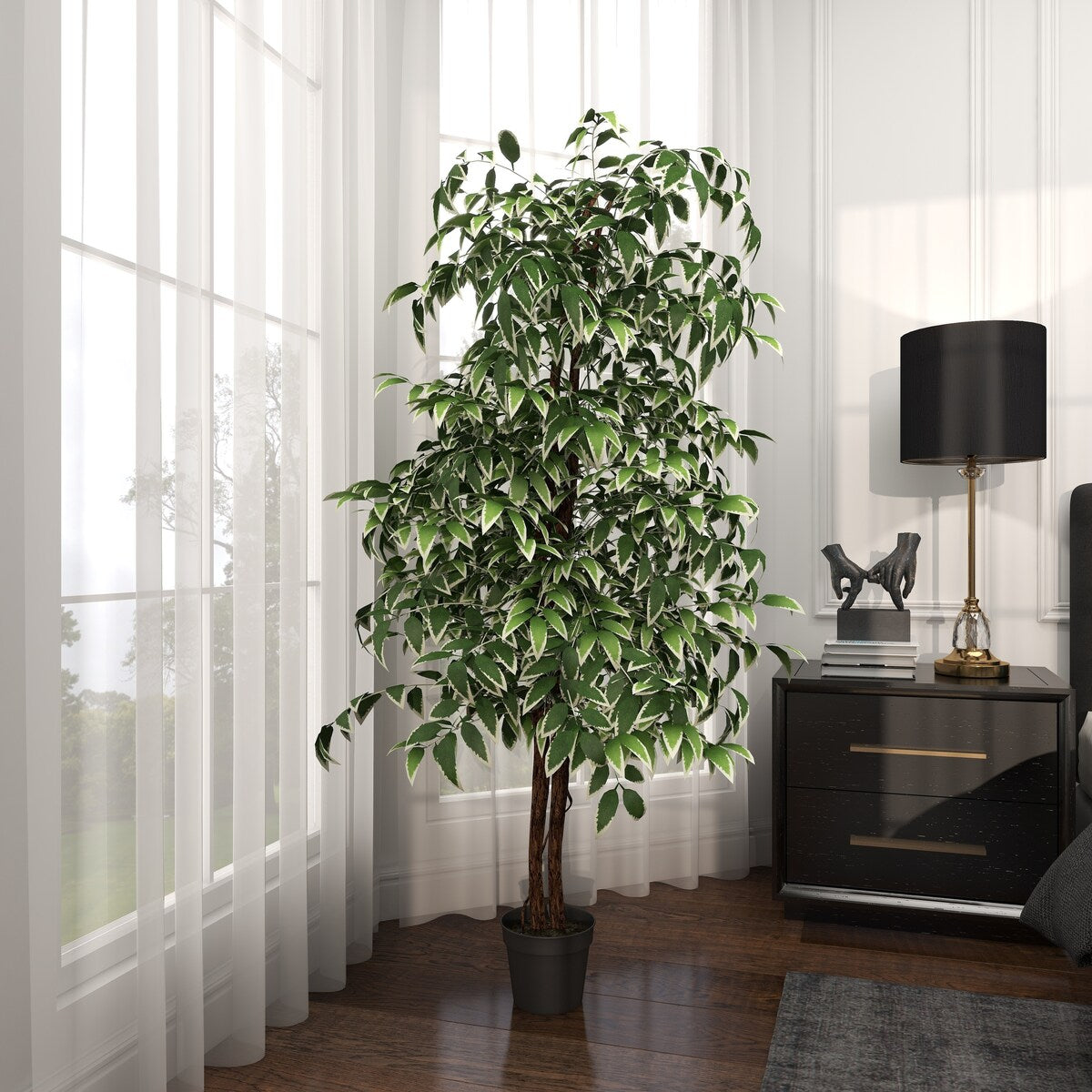 Faux Foliage Ficus Artificial Tree with Realistic Leaves and Black Plastic Pot - Green - Roche River Decor