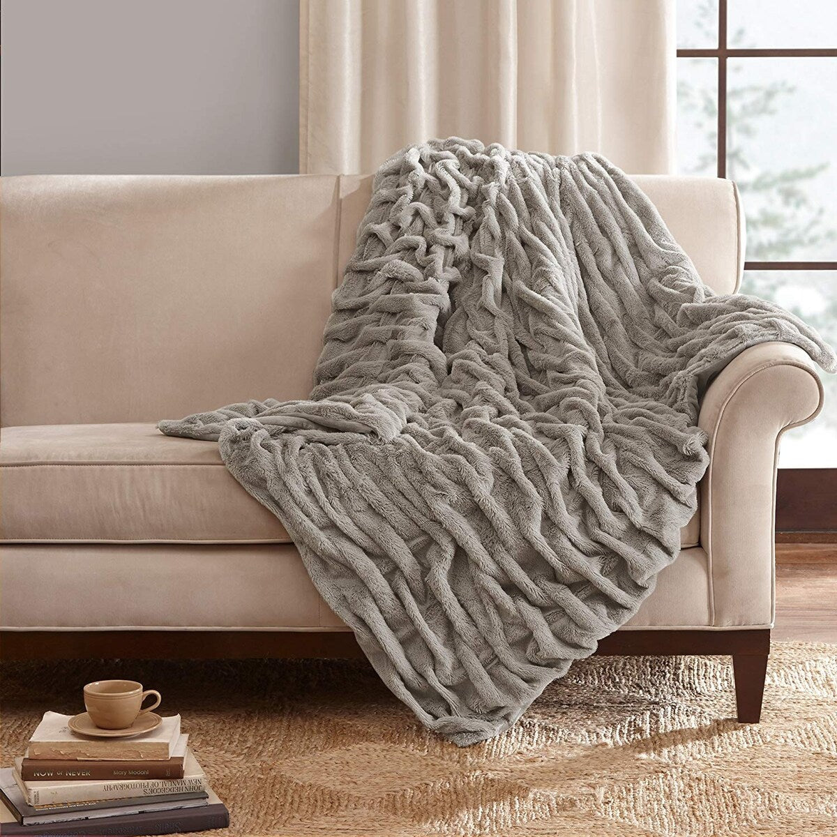 Madison Park Ruched Fur Throw 50 x 60 Grey