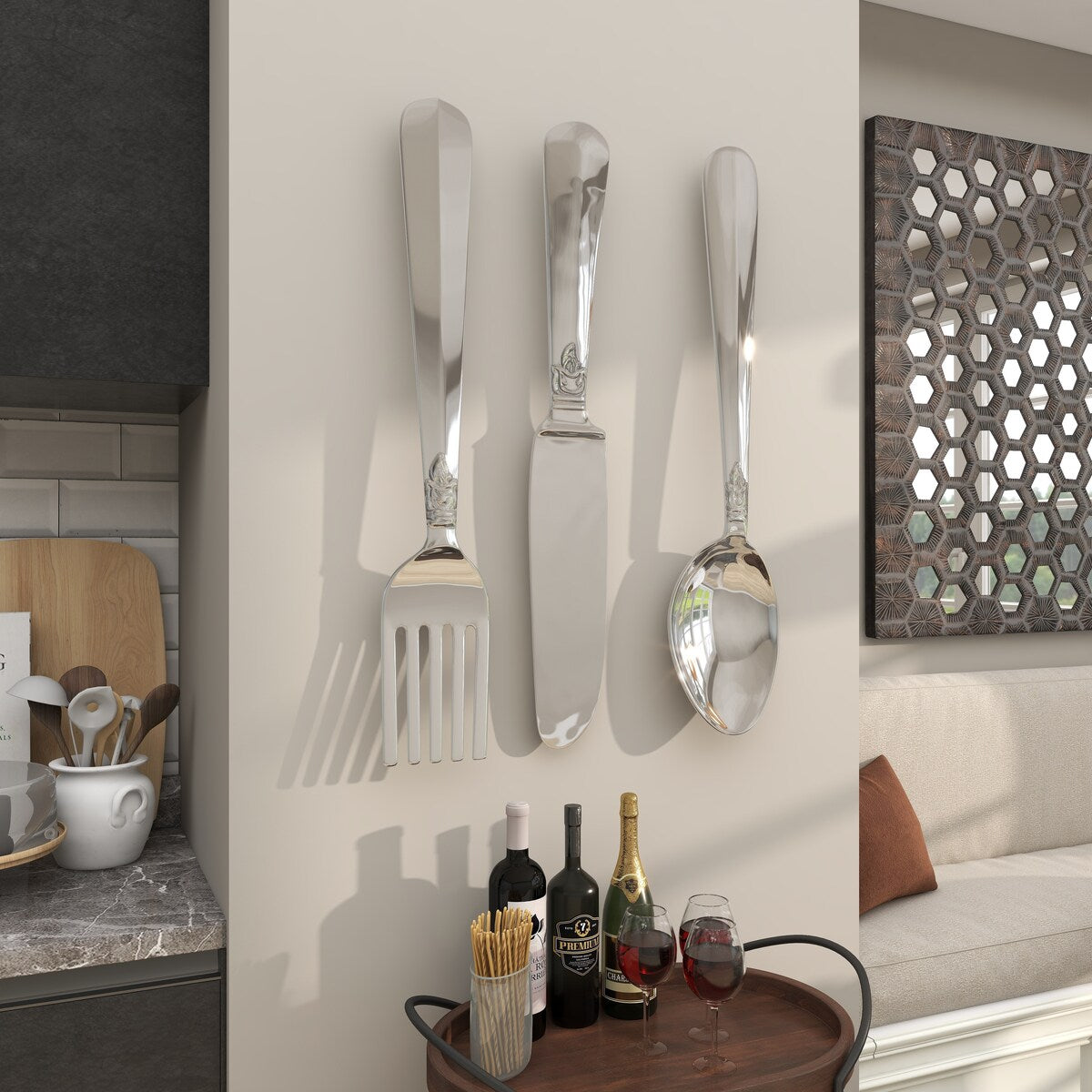 Aluminum Metal Utensils Knife, Spoon and Fork Home Wall Decor - Set of 3 Silver or Copper - Roche River Decor