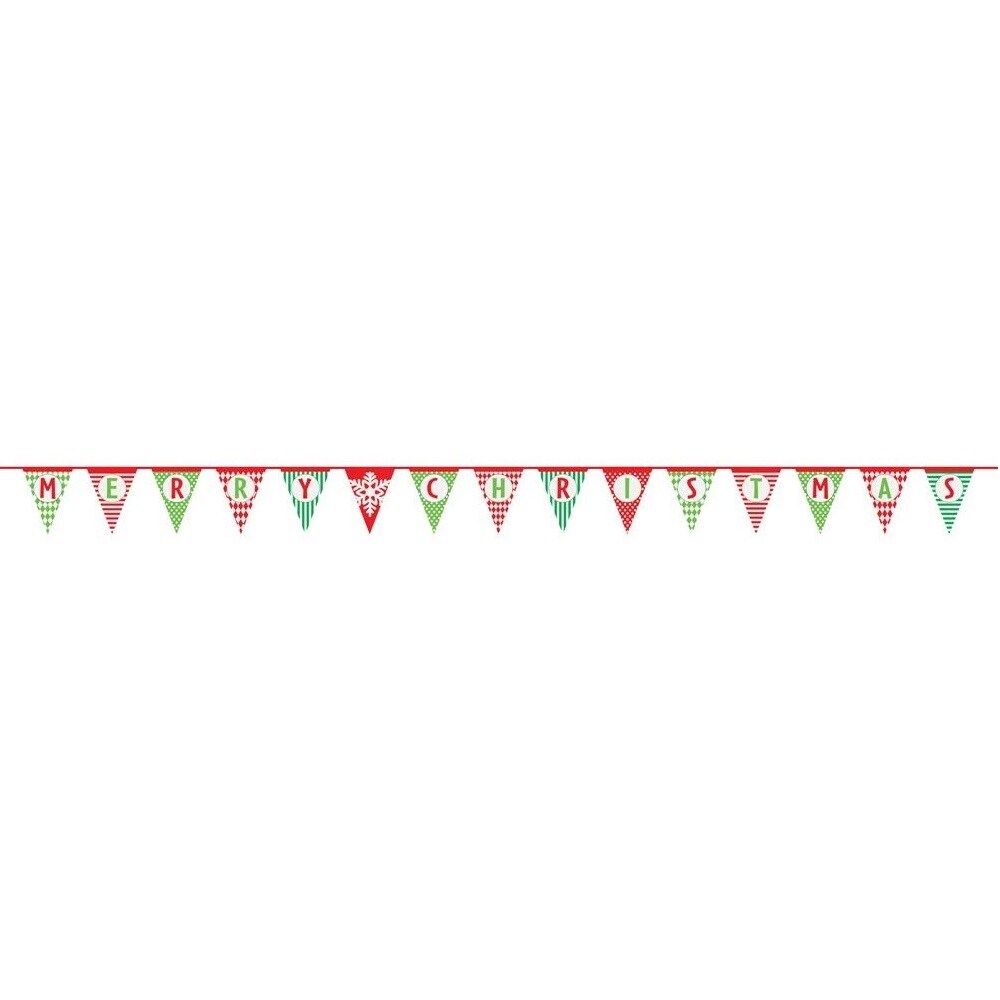 Unique 14 Feet Paper Patterned Merry Christmas Pennant Banner - Green - 14.3 x 11.2 x 4.3