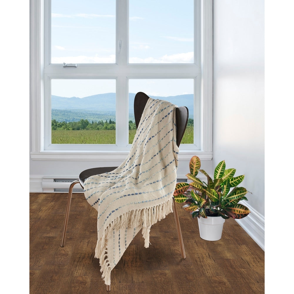 Sevita Hand-Woven Natural Cotton Striped Standard Size Throw Blanket with Fringe