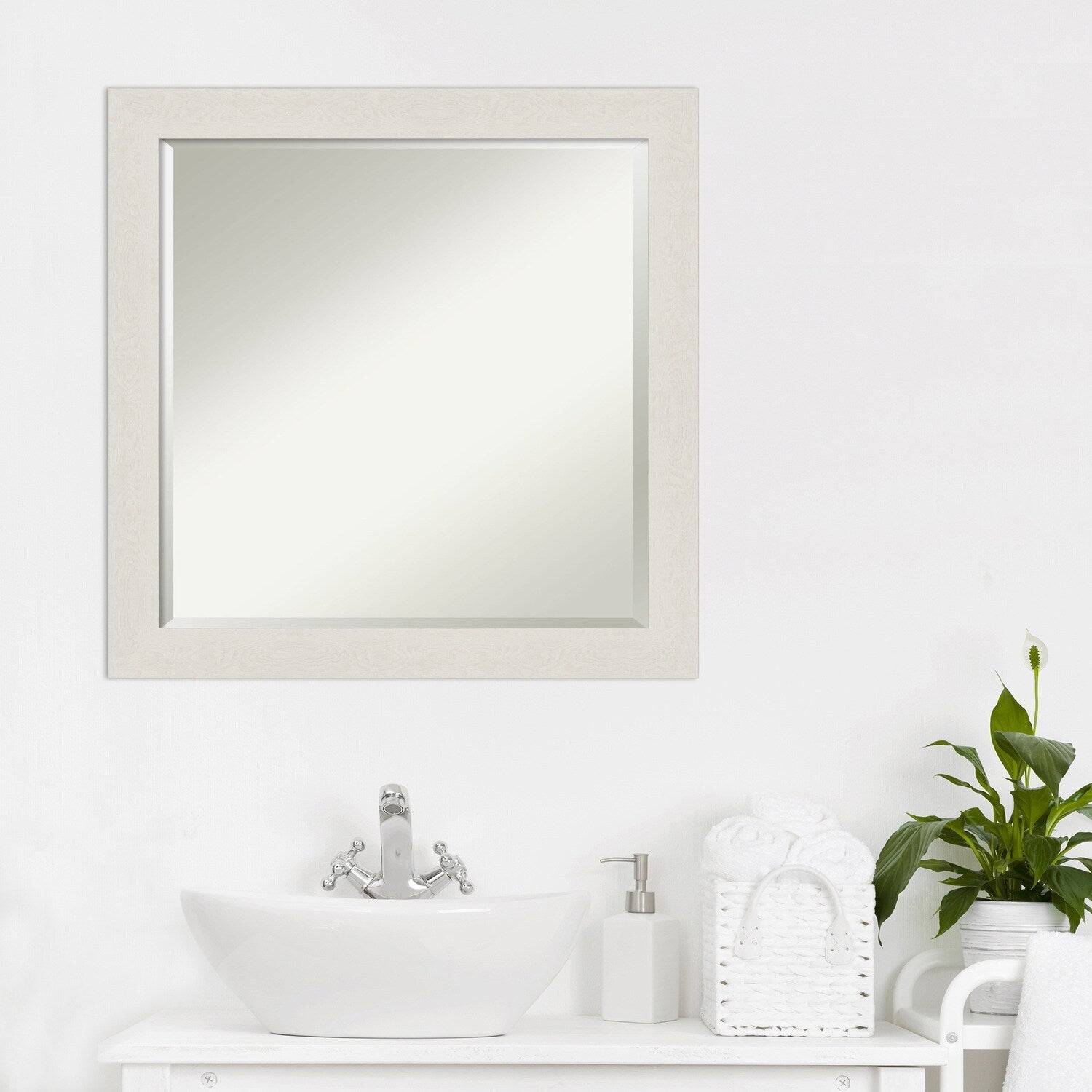 Beveled Bathroom Wall Mirror - Rustic Plank White Narrow Frame