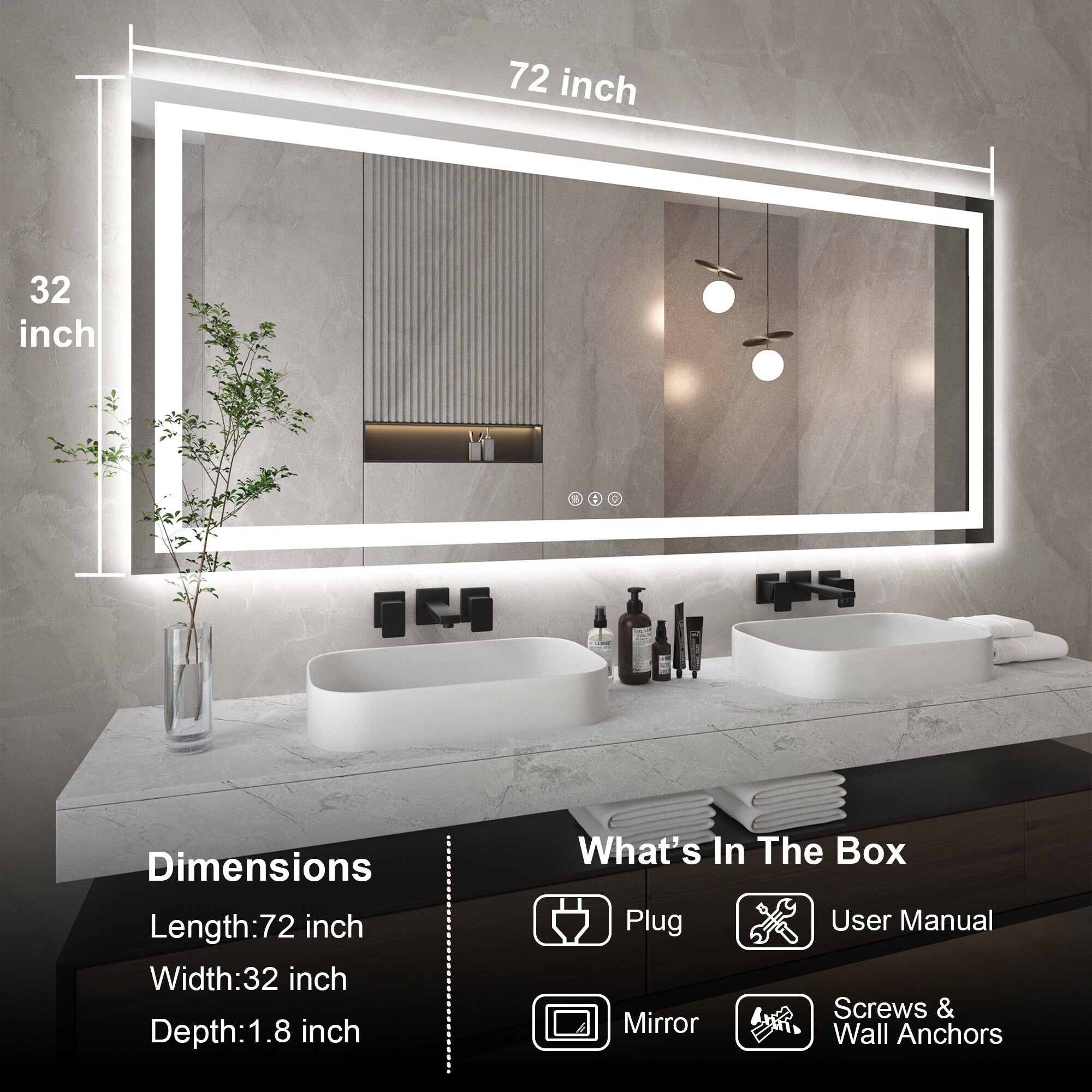 Large Rectangular Frameless Anti-Fog LED Light Wall Mounted Bathroom Vanity Mirror in White - N/A