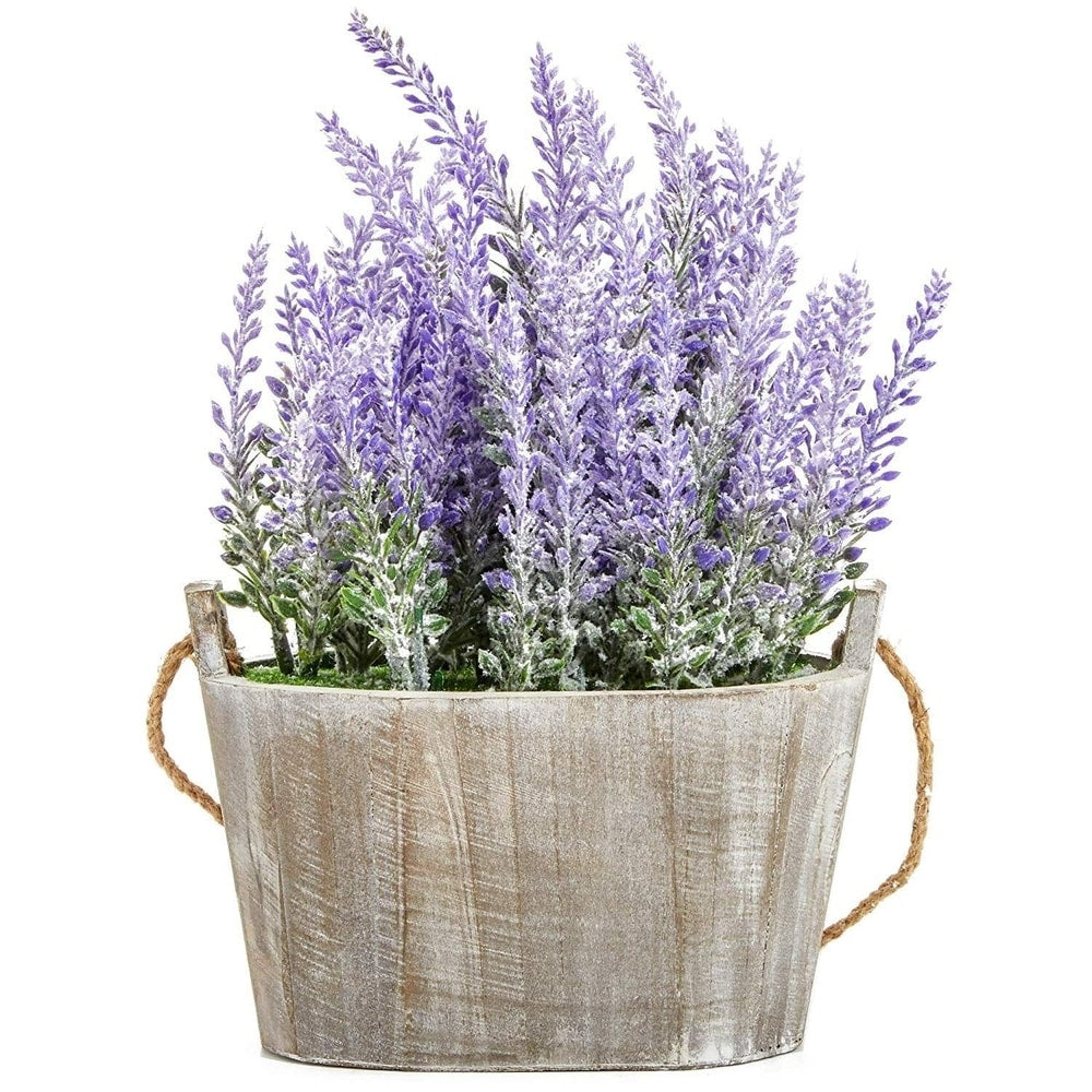 Artificial Lavender Fake Flower Plant in Rustic Oval Wooden Box for Decorations