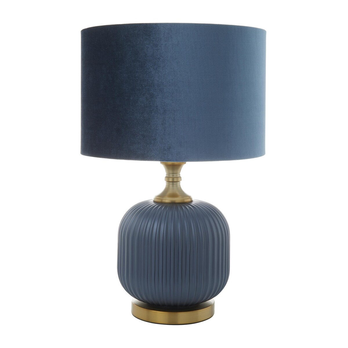 Fabric or Glass Ribbed Room Table Lamp with Velvet Shade and Gold Accents - Blue - Roche River Decor