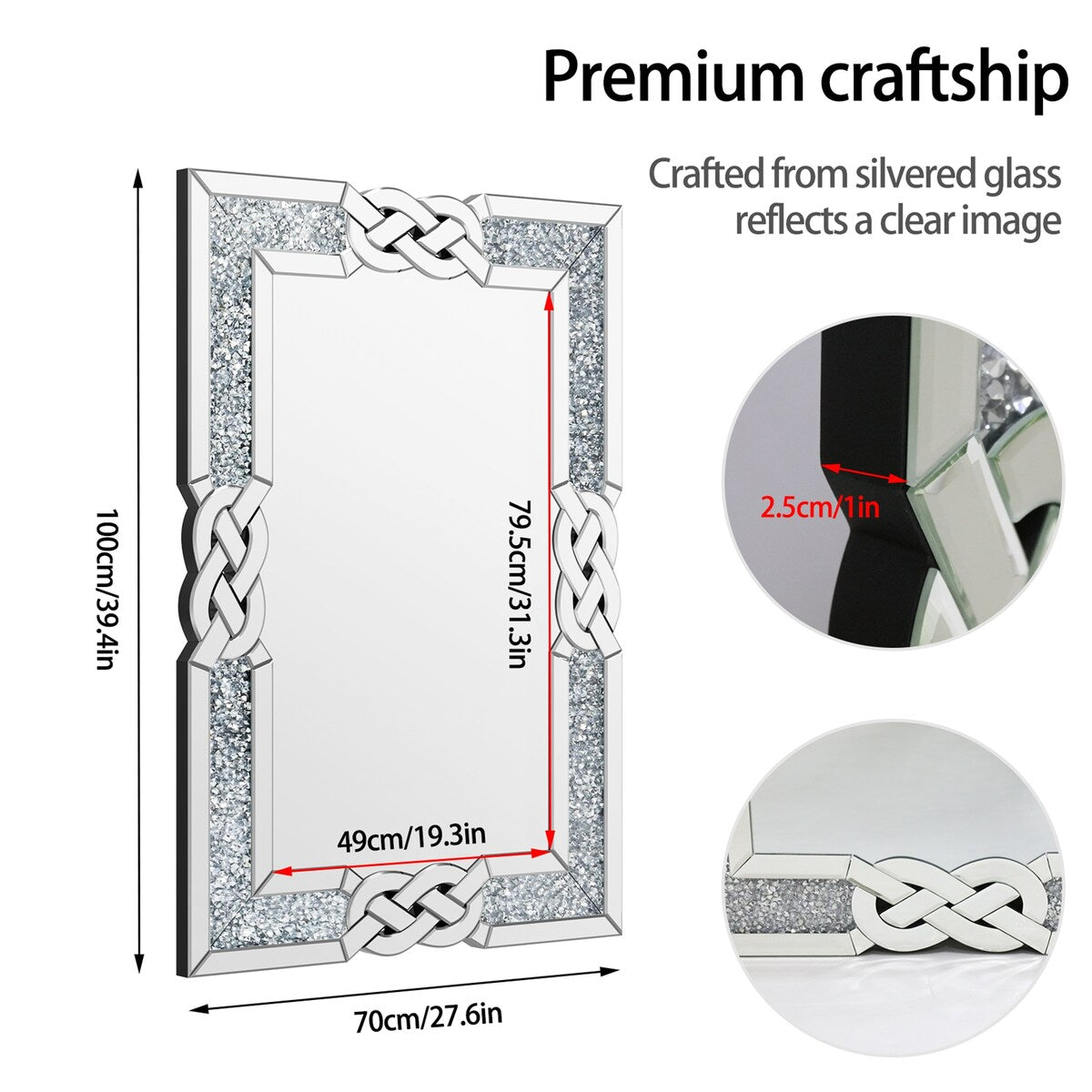 Appealing Decorative Wall Mirror w/Crush Diamond Silver Glass for Home