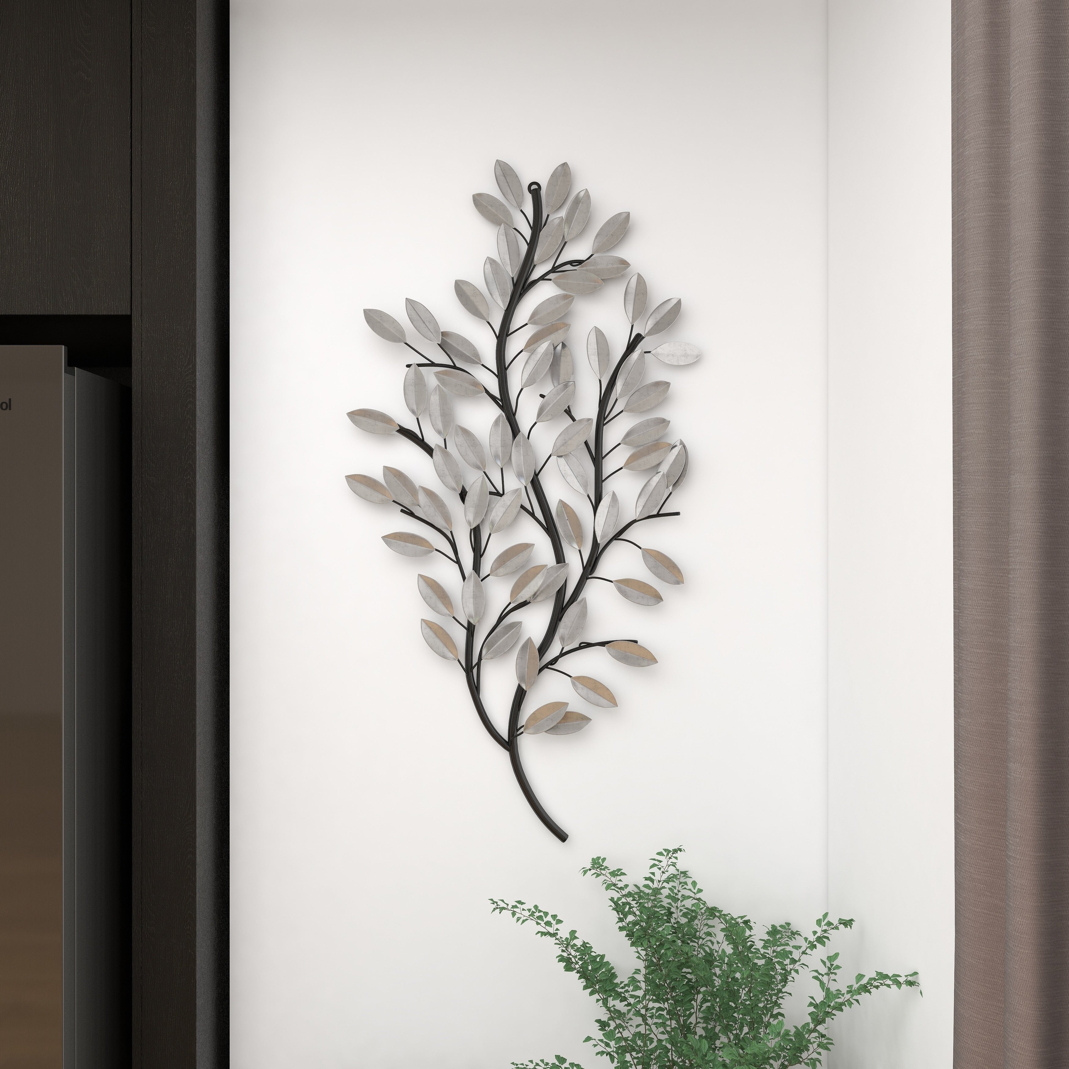 Metal Metallic Leaf Wall Decor with Stem - Silver or Brass