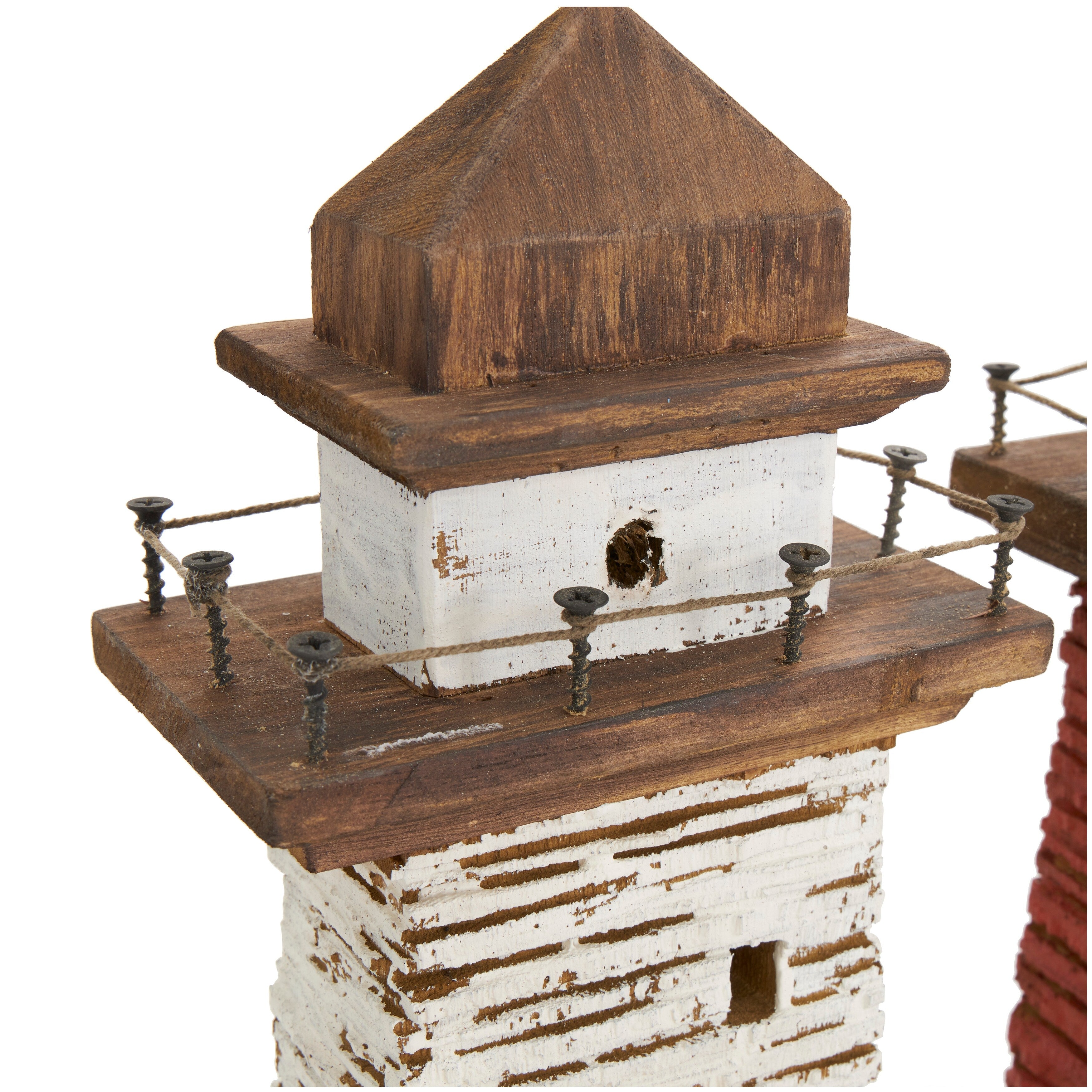 Red Wood Distressed Light House Decorative Sculpture with Cream and Brown Accents (Set of 2)