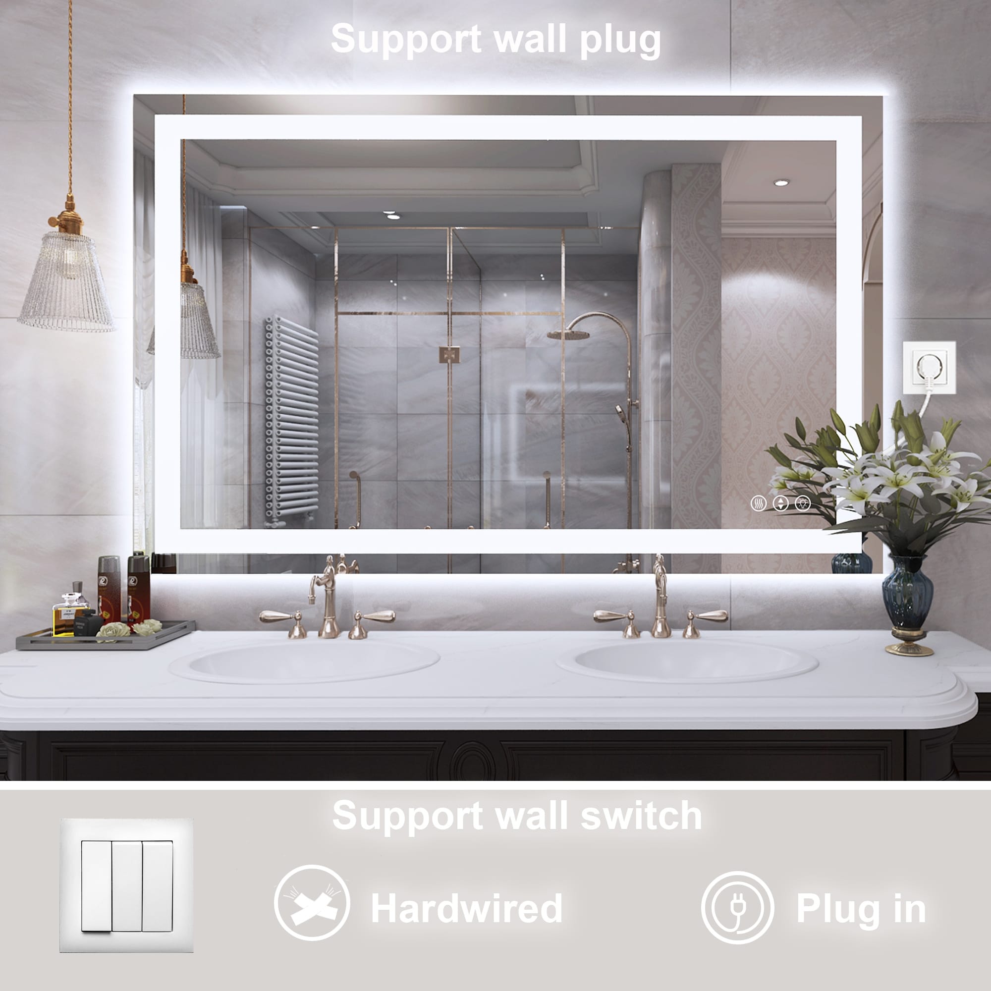 Large Rectangular Frameless Anti-Fog LED Light Wall Mounted Bathroom Vanity Mirror in White - N/A