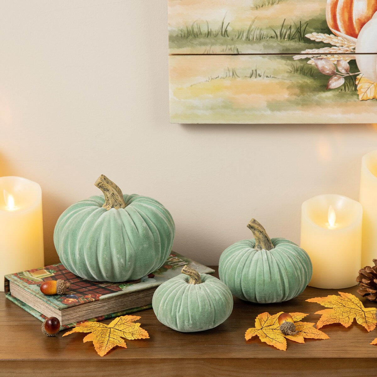 Glitzhome Set of 3 Mint Green Velvet/Resin Fall Harvest Art Pumpkins for Thanksgiving Centerpiece