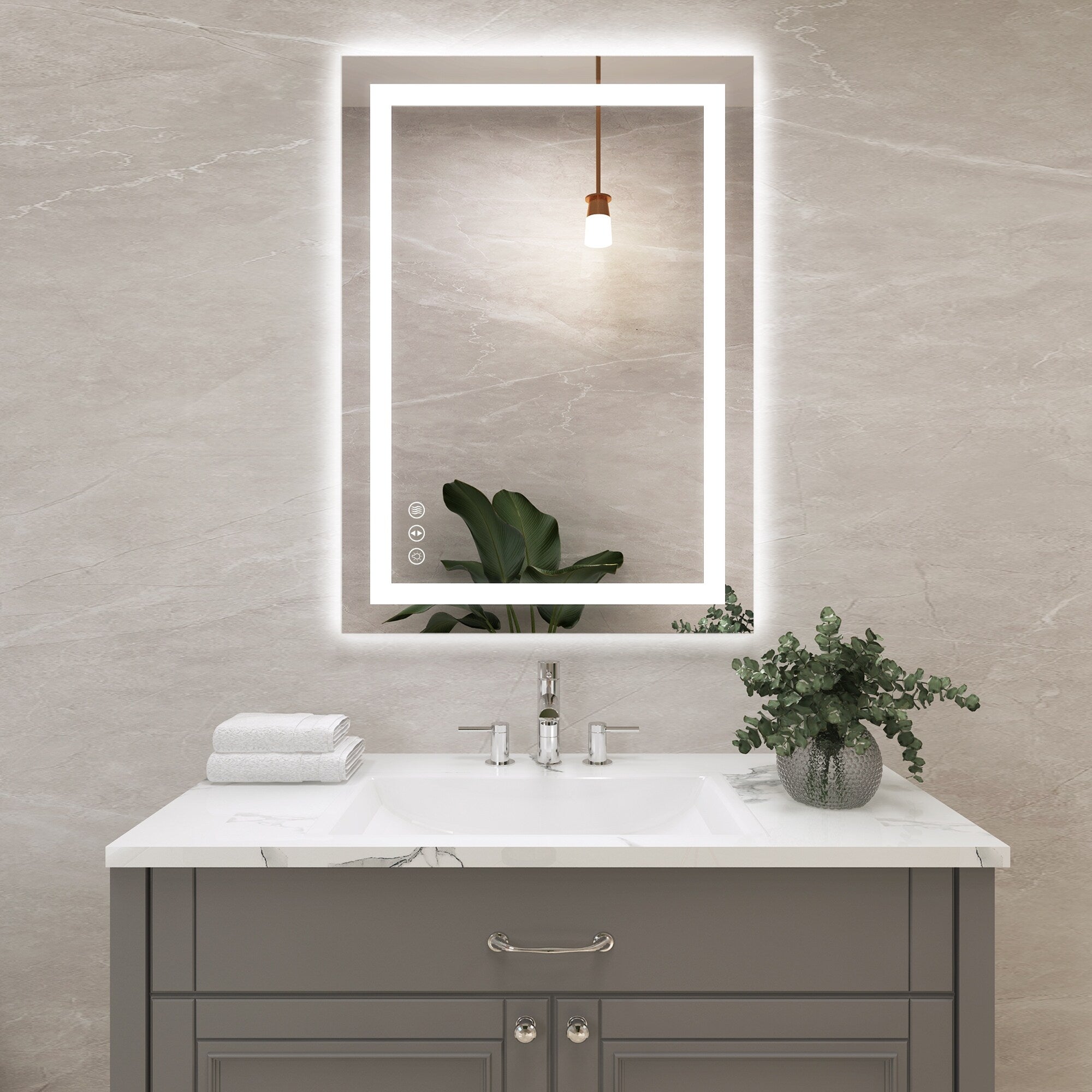 Large Rectangular Frameless Anti-Fog LED Light Wall Mounted Bathroom Vanity Mirror in White - N/A