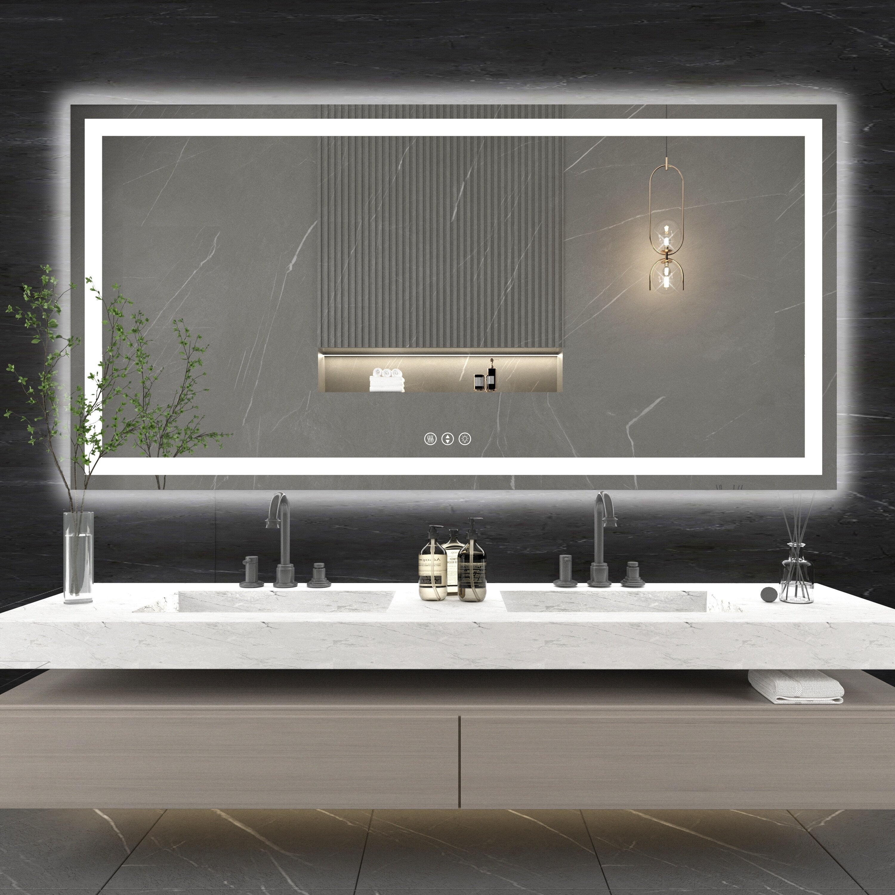 Large Rectangular Frameless Anti-Fog LED Light Wall Mounted Bathroom Vanity Mirror in White - N/A