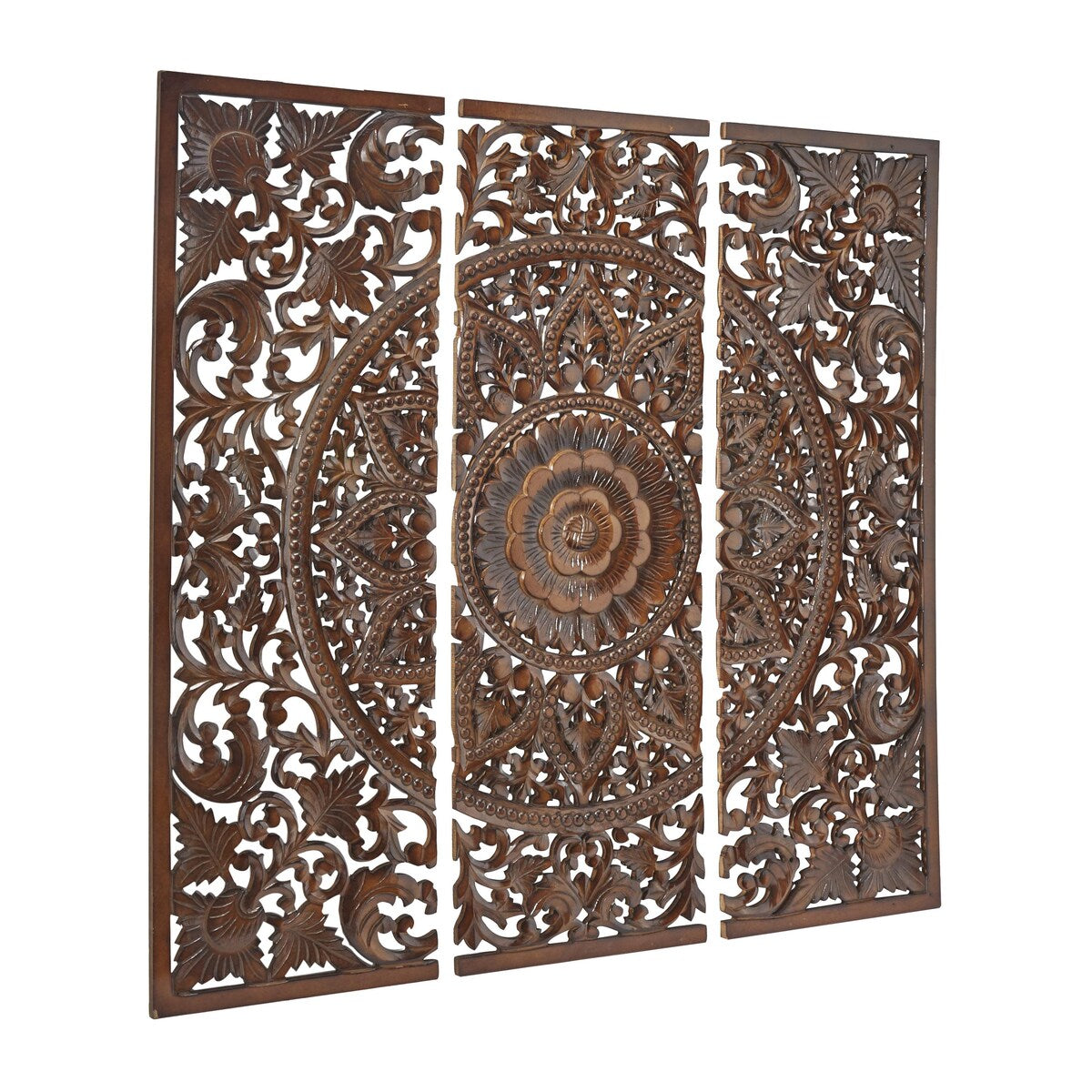 Wooden Floral Handmade Intricately Carved Home Wall Decor with Mandala Design - Set of 3 Brown - Roche River Decor