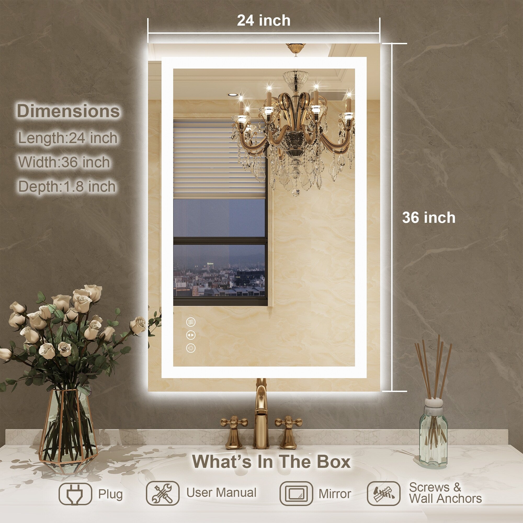 Large Rectangular Frameless Anti-Fog LED Light Wall Mounted Bathroom Vanity Mirror in White - N/A