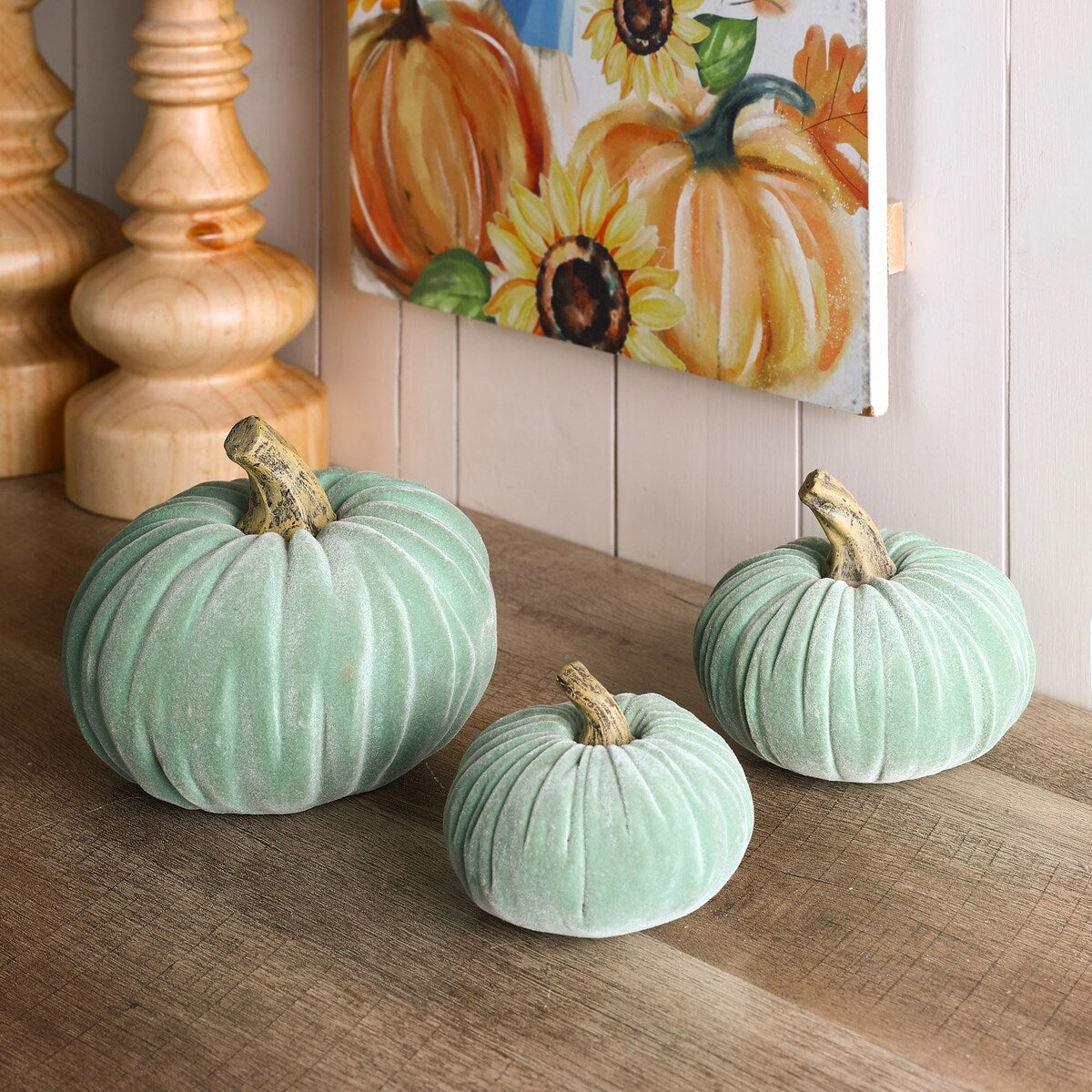 Glitzhome Set of 3 Mint Green Velvet/Resin Fall Harvest Art Pumpkins for Thanksgiving Centerpiece