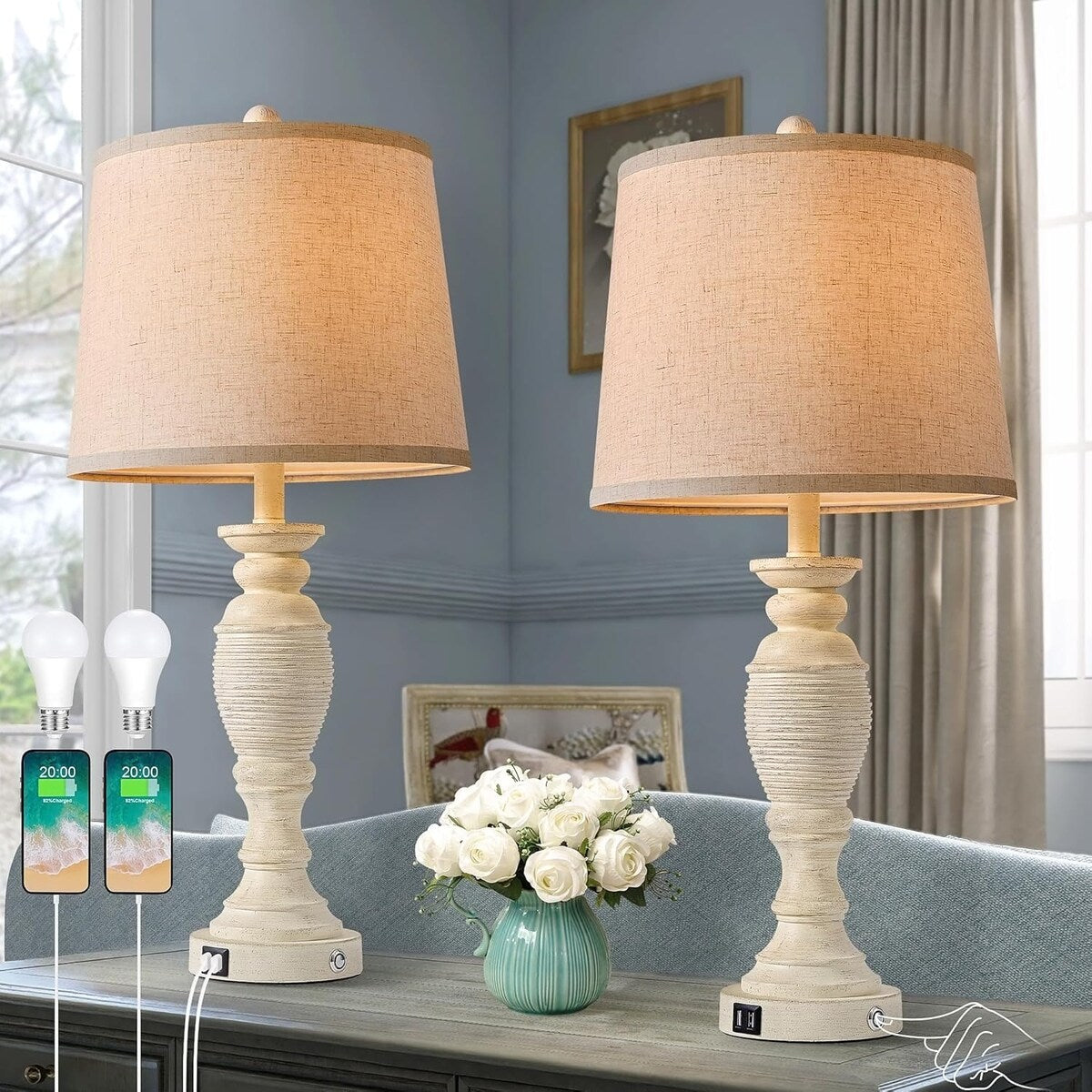 Farmhouse Table Lamps Set of 2, 3 Way Dimmable