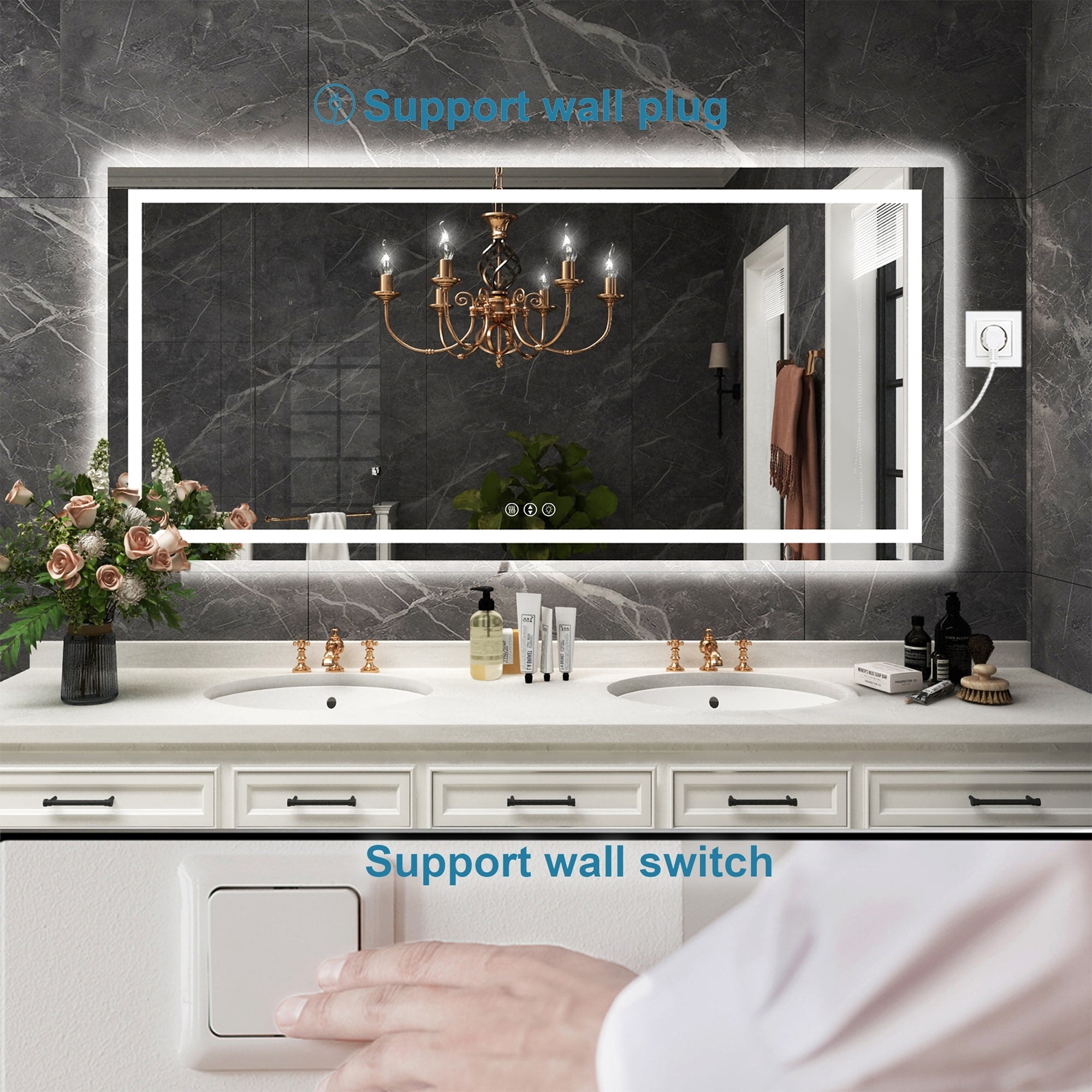 Large Rectangular Frameless Anti-Fog LED Light Wall Mounted Bathroom Vanity Mirror in White - N/A