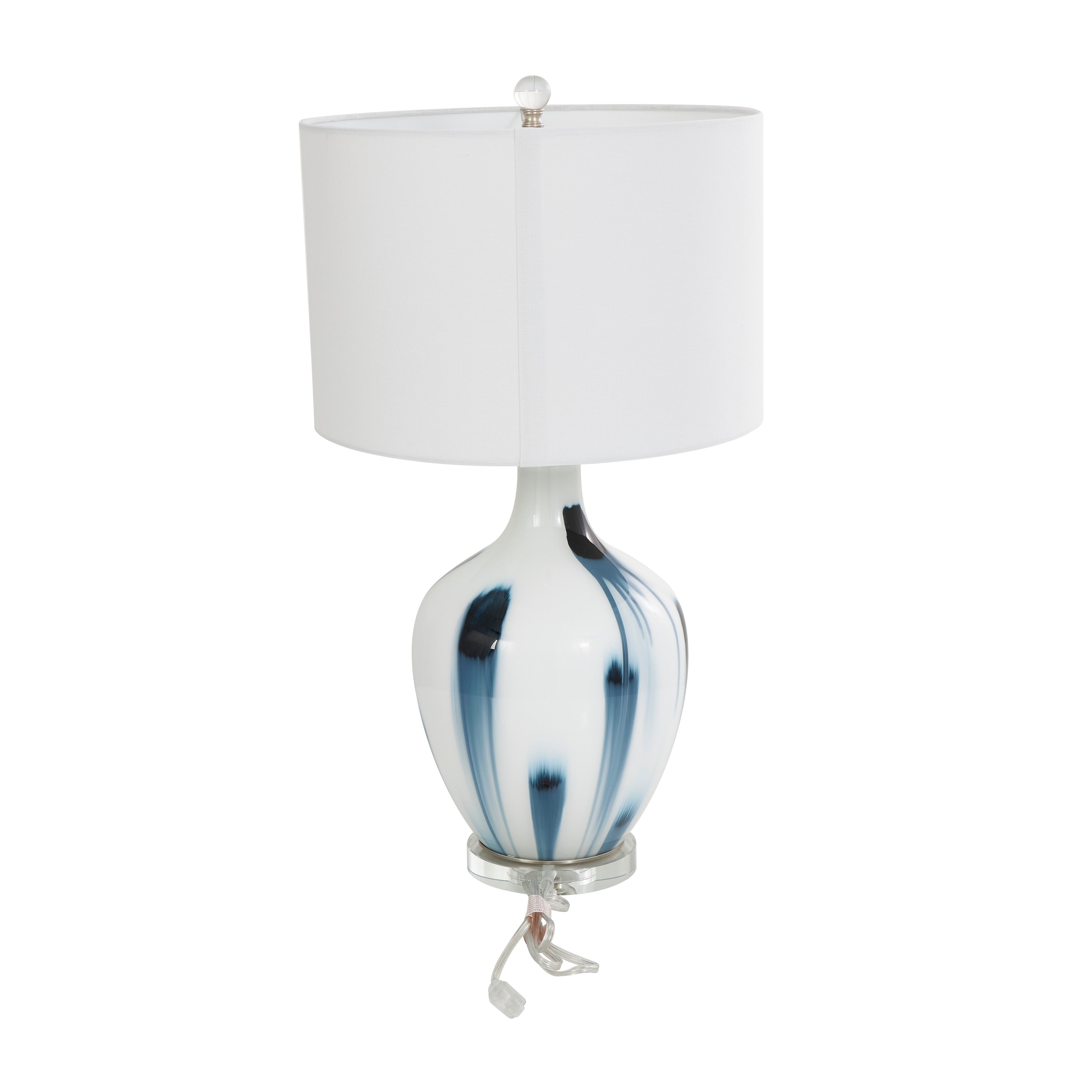 White Glass Abstract Accent Lamp with Blue Drip Splatter Design