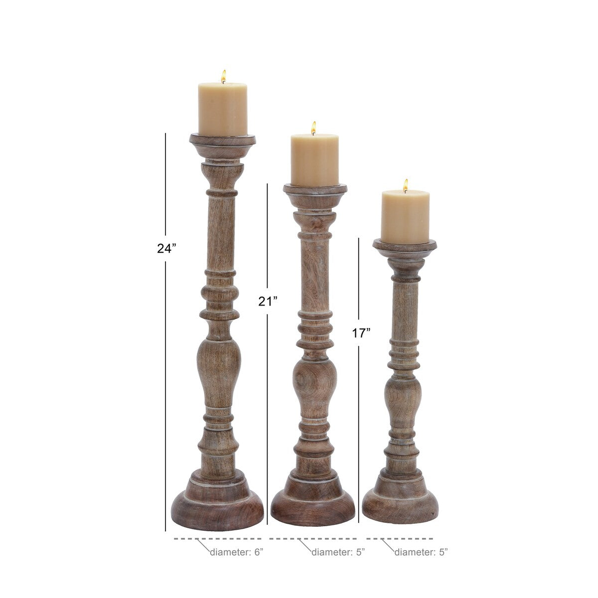 Mango Wood Handmade Tall Turned Decorative Candle Holder - Set of 3 Brown or Gray - Roche River Decor