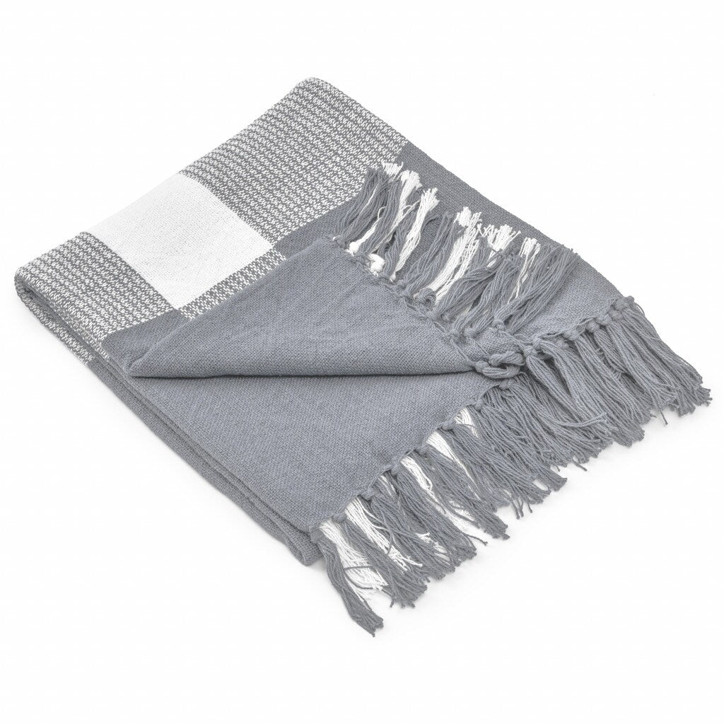 50 X 60 Gray Woven Cotton Checkered Throw Blanket with Fringe