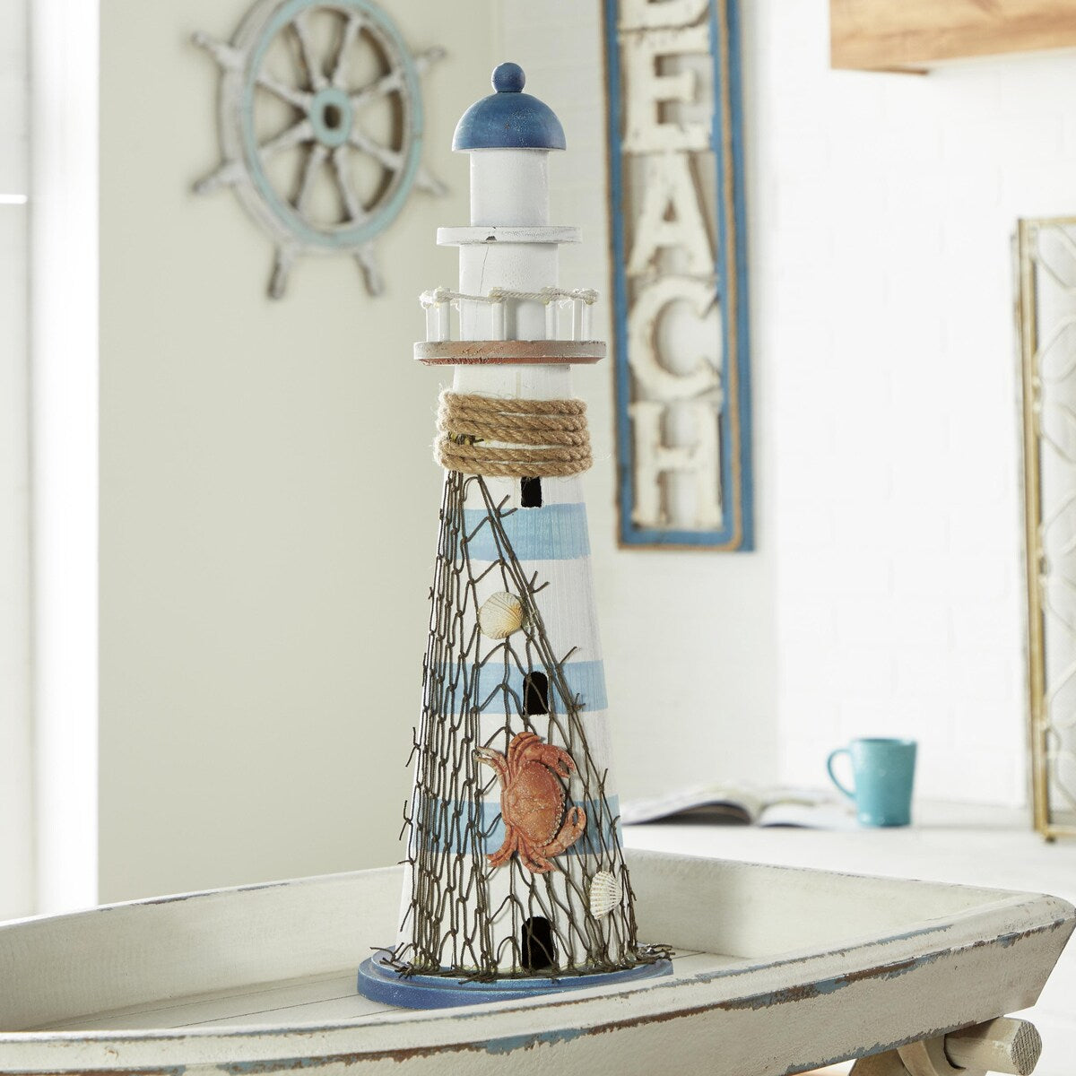 Wood Light House Decorative Sculpture with Netting - Blue - Roche River Decor