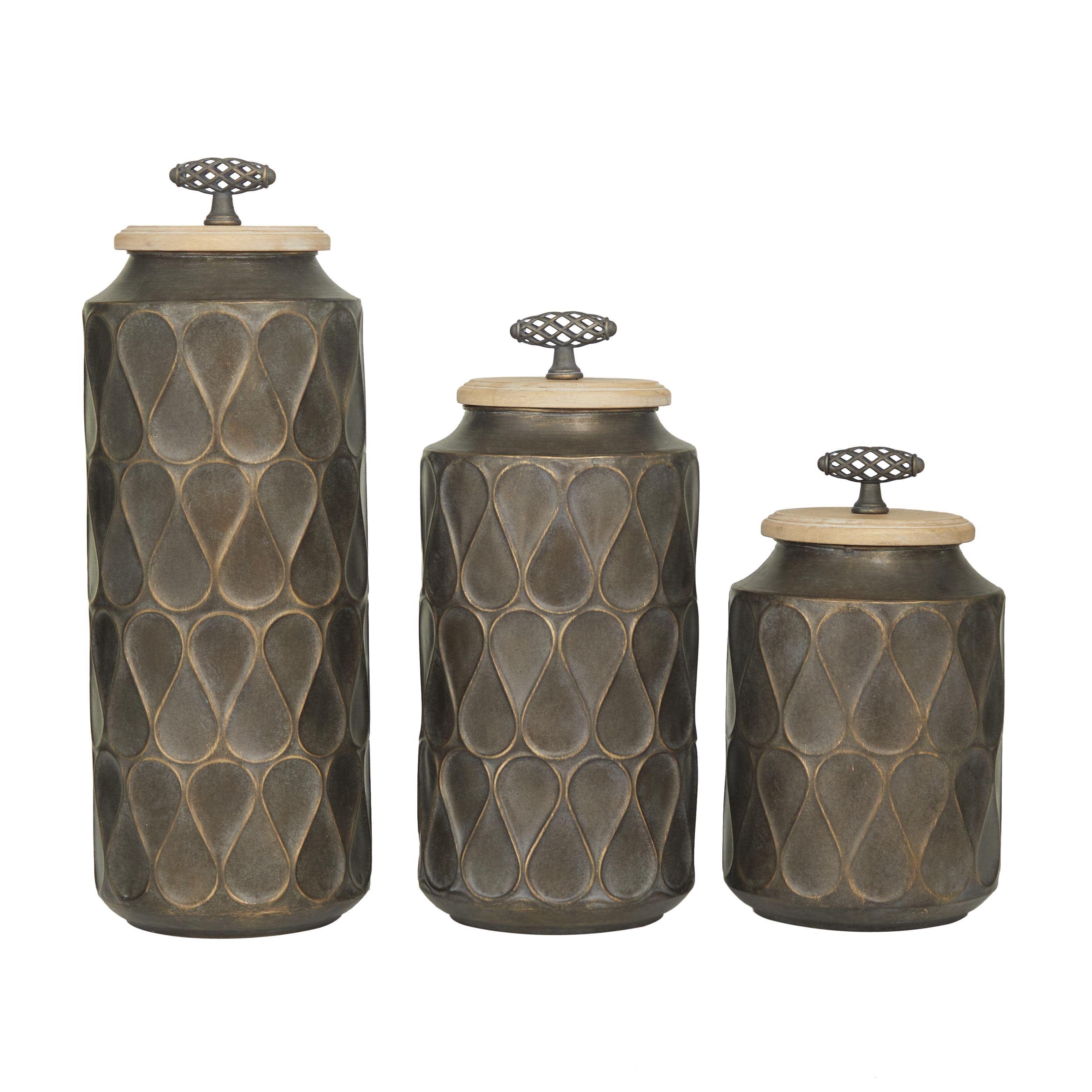 Metal Living Room Decorative Jars with Wood Lids - Set of 3 Bronze or Brown - Roche River Decor