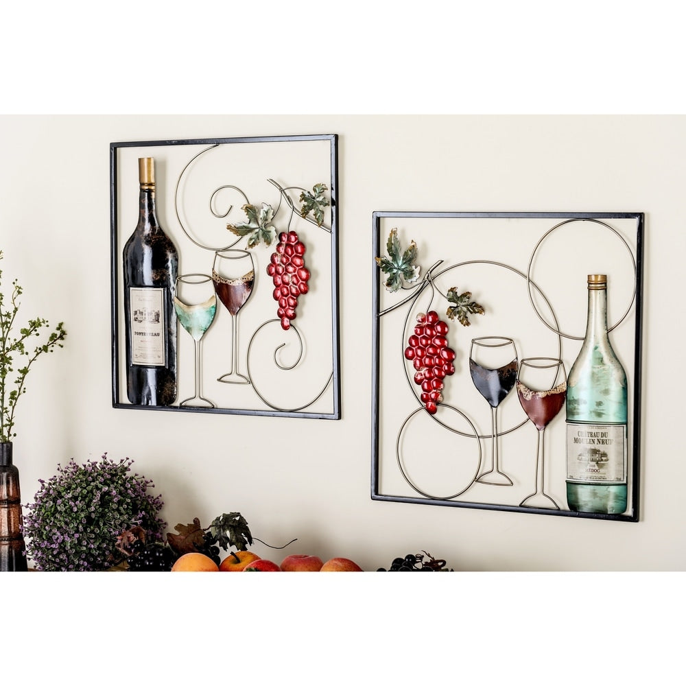 Multi Colored Metal Wine Home Wall Decor with Grapes Detailing (Set of 2)