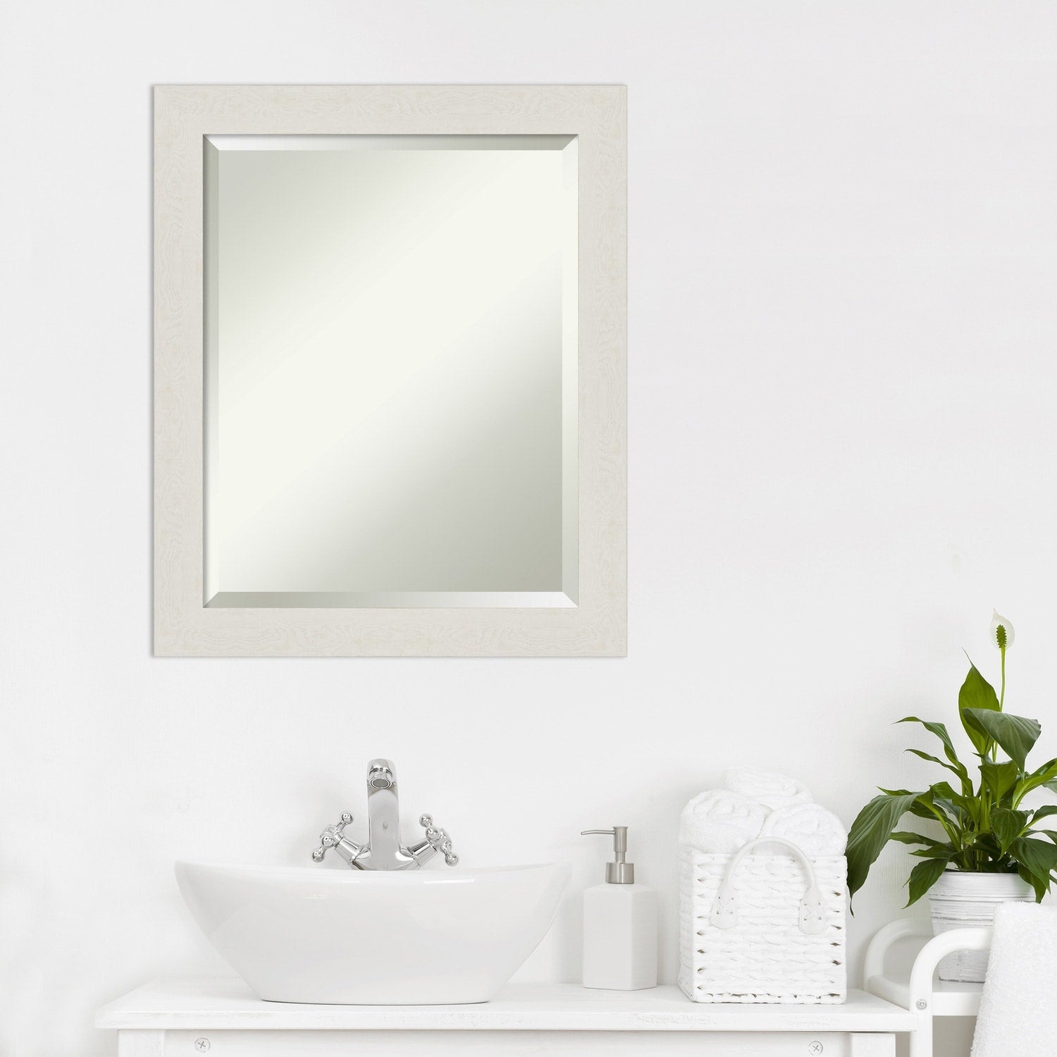 Beveled Bathroom Wall Mirror - Rustic Plank White Narrow Frame