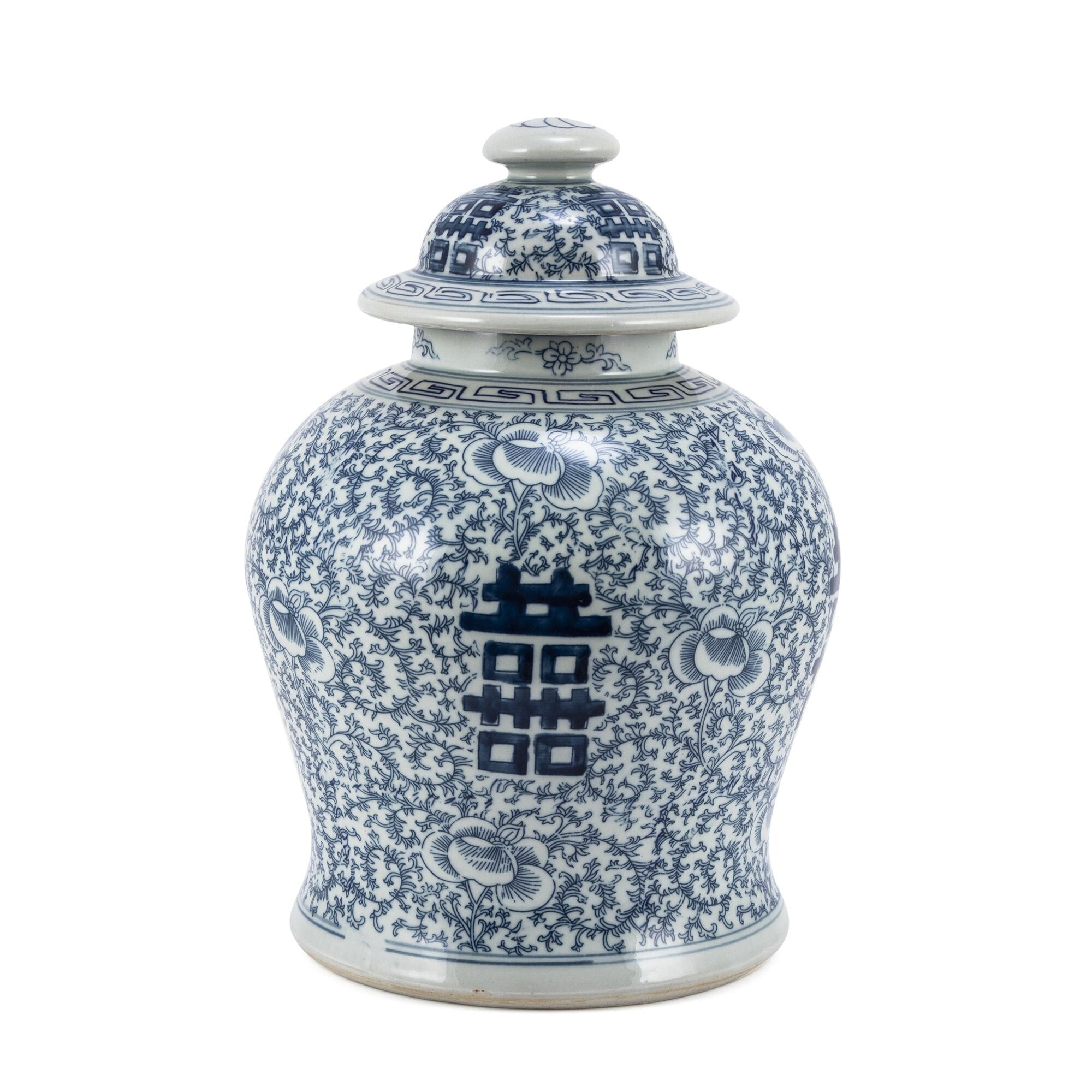 Blue and White Double Happiness Floral Temple Jar - Small