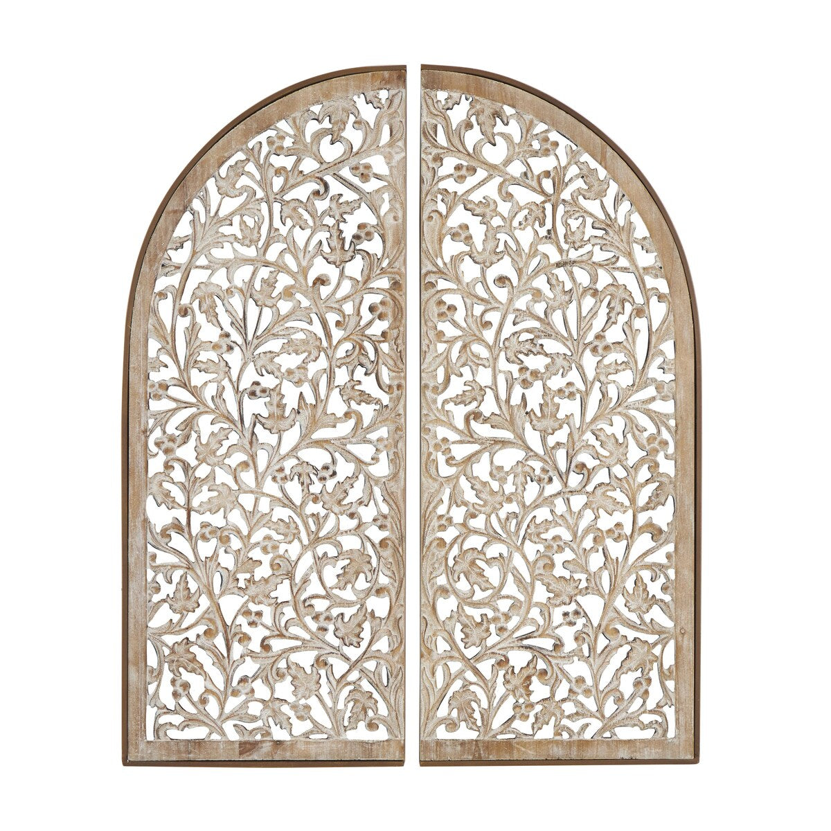 Wooden Floral Handmade Arched Home Wall Decor with Intricate Carvings - Set of 2 Brown - Roche River Decor