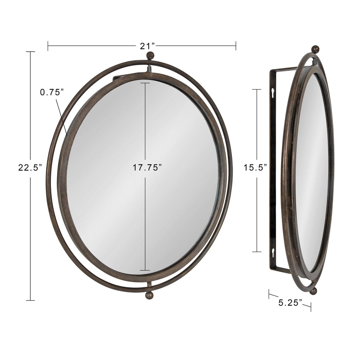 Kate and Laurel Baron Rustic Pivot Mirror, 21 Diameter, Raw Iron