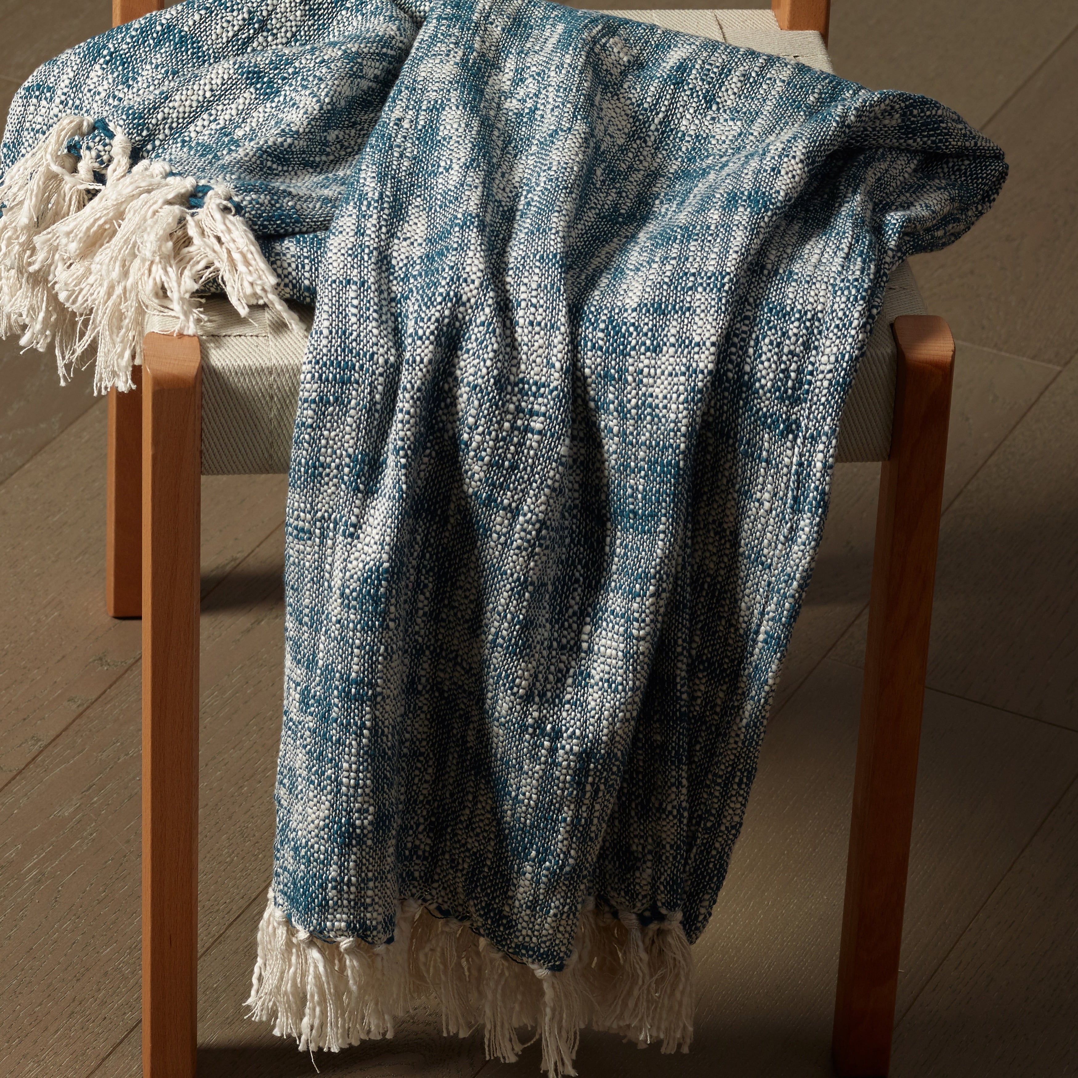 Sevita Blue Boho Chambray Standard Size Throw Blanket with Fringe