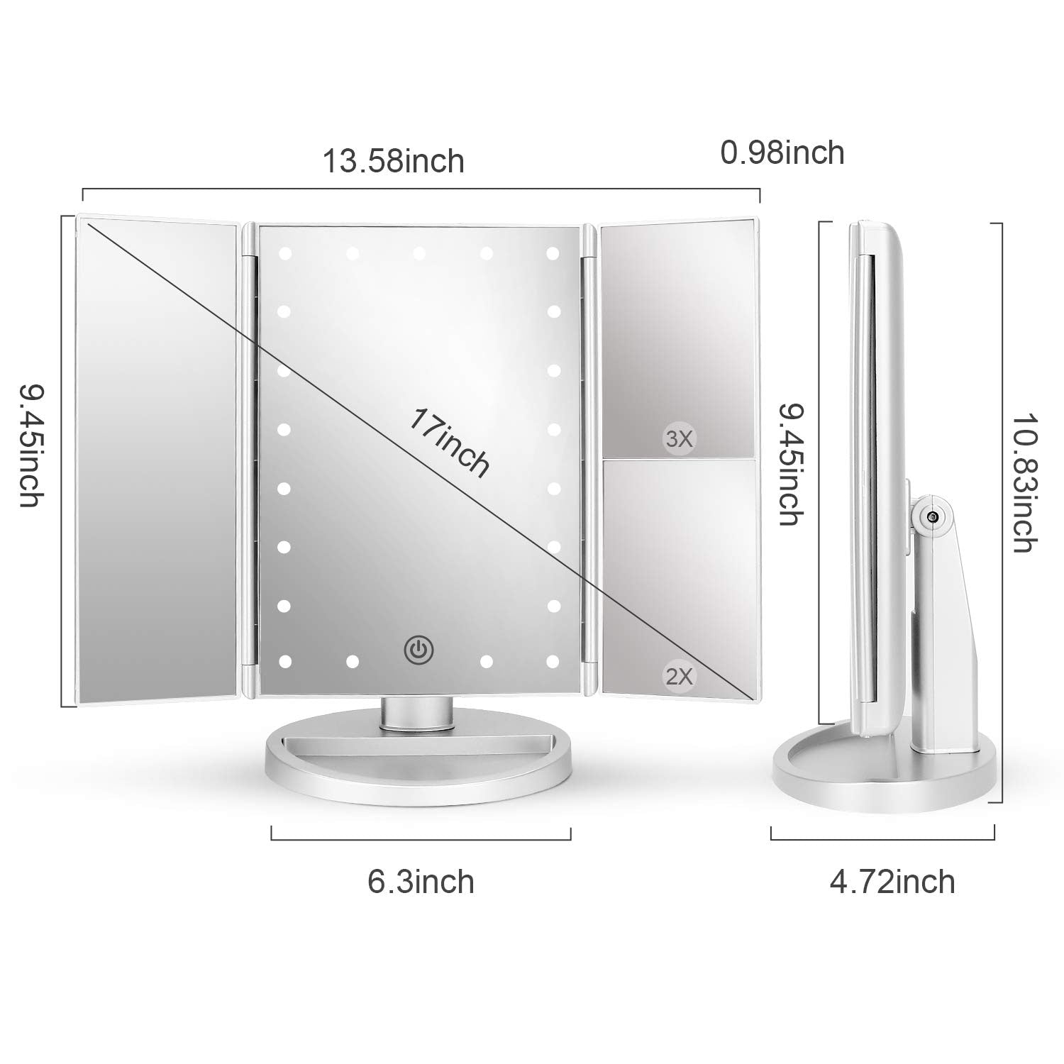 Tabletop Mount Trifold Lighted Vanity Mirror with 21 LED Lights,Two Power Supply Mode Make up Mirror