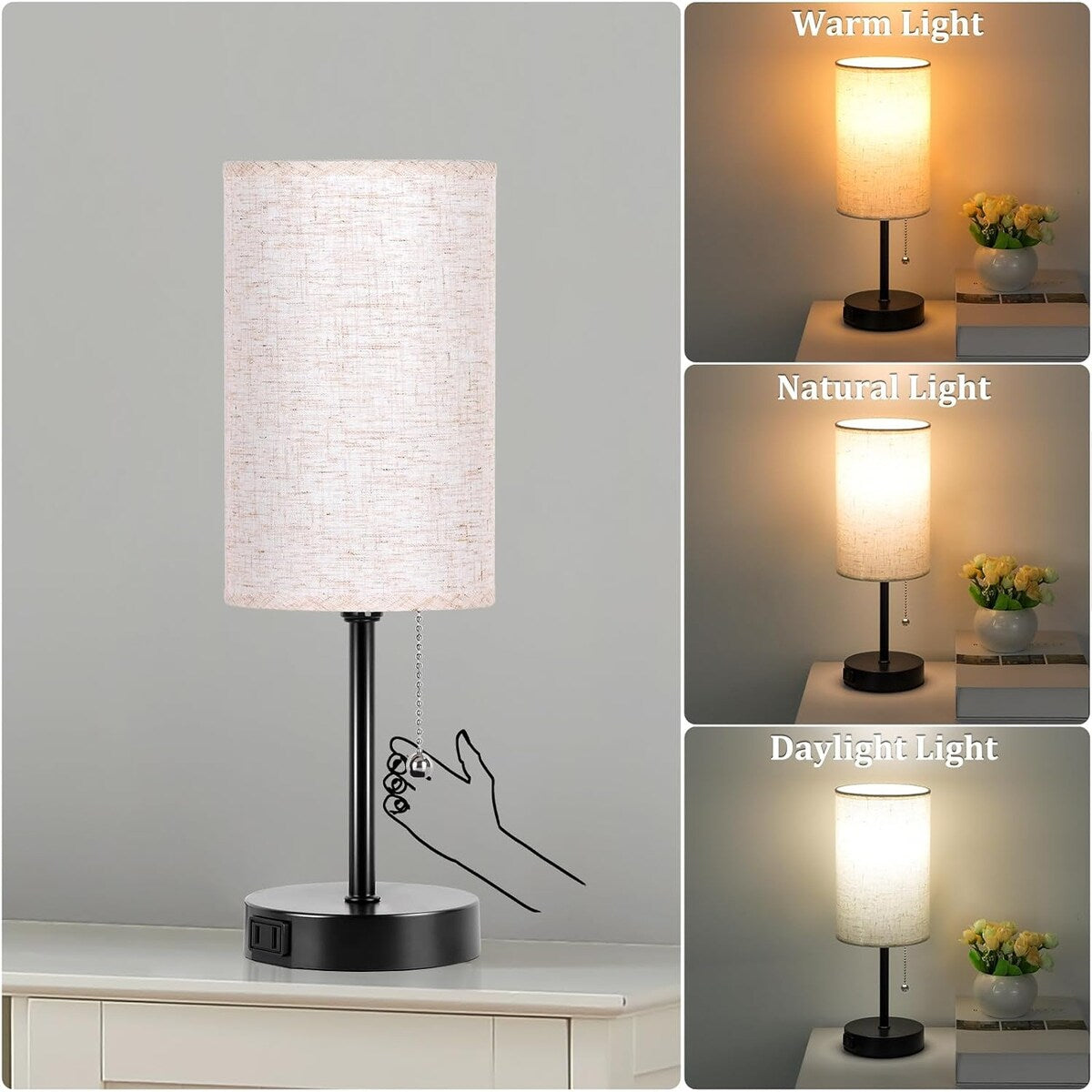 Table Lamp for Bedroom, 3-Color Bedside Lamps with Pull Chain, Bedroom Table Lamps for Nightstand, Bulb Included