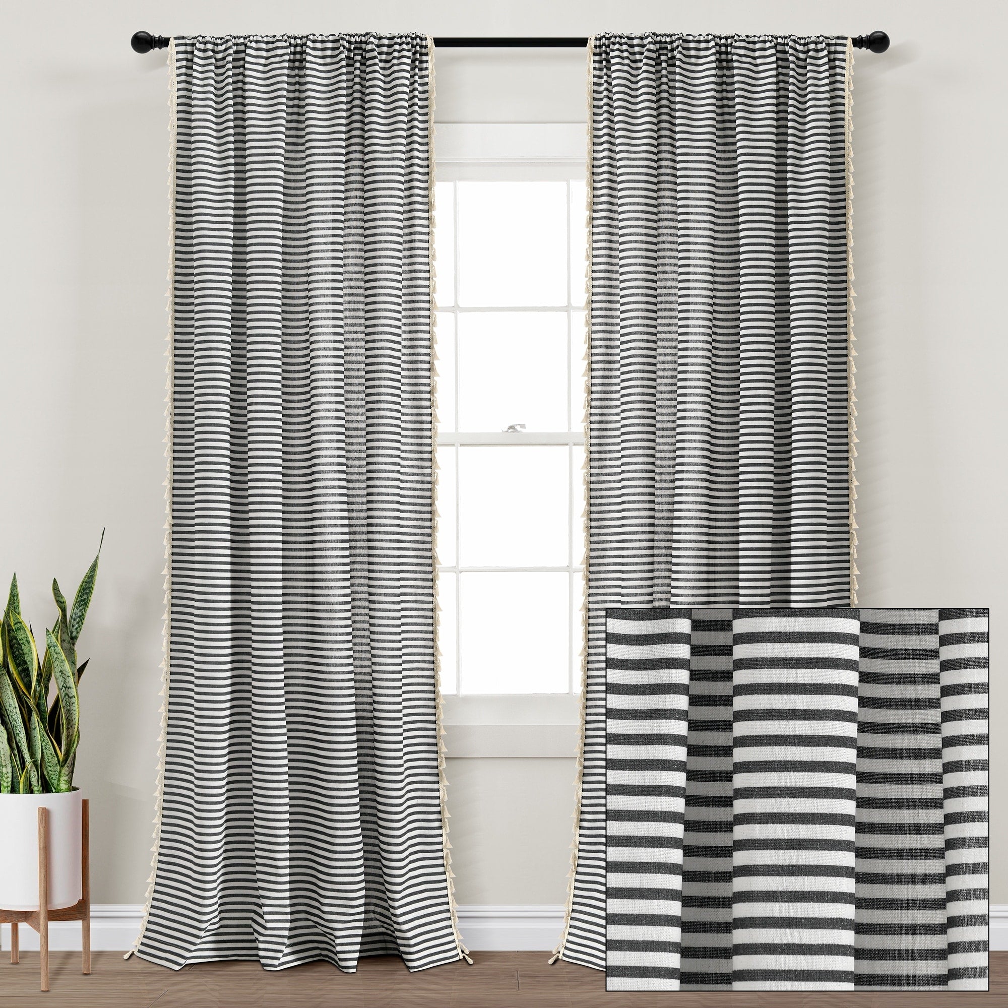 Lush Decor Boho Coastal Horizontal Ticking Stripe Tassel Window Curtain Panels